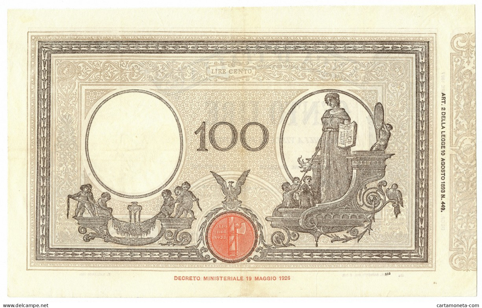 100 LIRE BARBETTI GRANDE B MATRICE LATERALE TESTINA FASCIO 02/06/1928 BB/SPL - Regno D'Italia – Autres