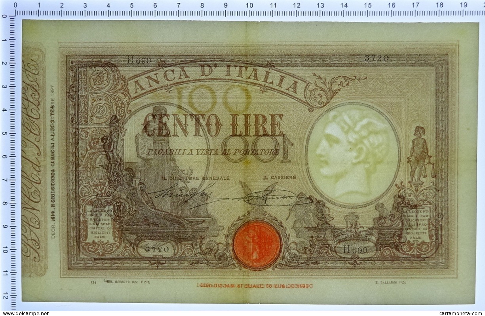 100 LIRE BARBETTI GRANDE B MATRICE LATERALE TESTINA FASCIO 02/06/1928 BB/SPL - Andere