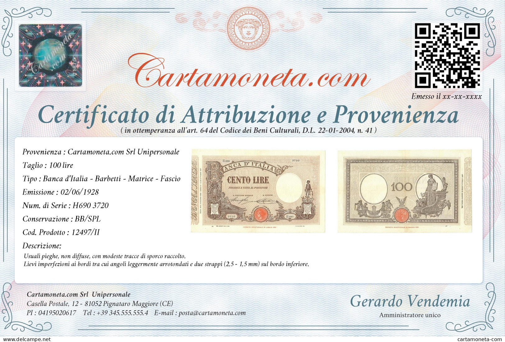 100 LIRE BARBETTI GRANDE B MATRICE LATERALE TESTINA FASCIO 02/06/1928 BB/SPL - Regno D'Italia – Autres