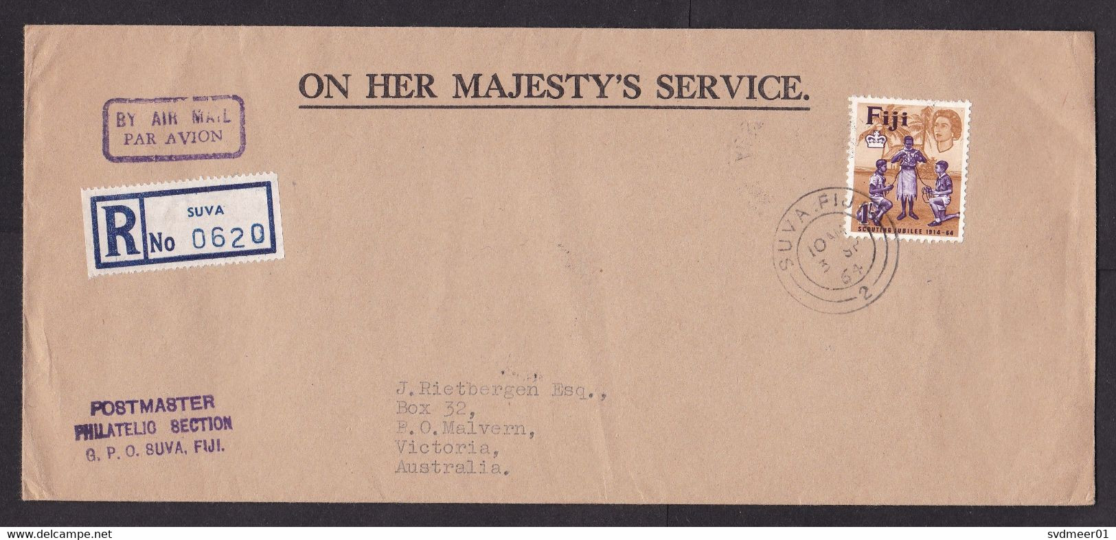 Fiji: Official Registered Cover To Australia, 1964, 1 Stamp, Scouting, Scouts, R-label, Rare Real Use (traces Of Use) - Fiji (...-1970)