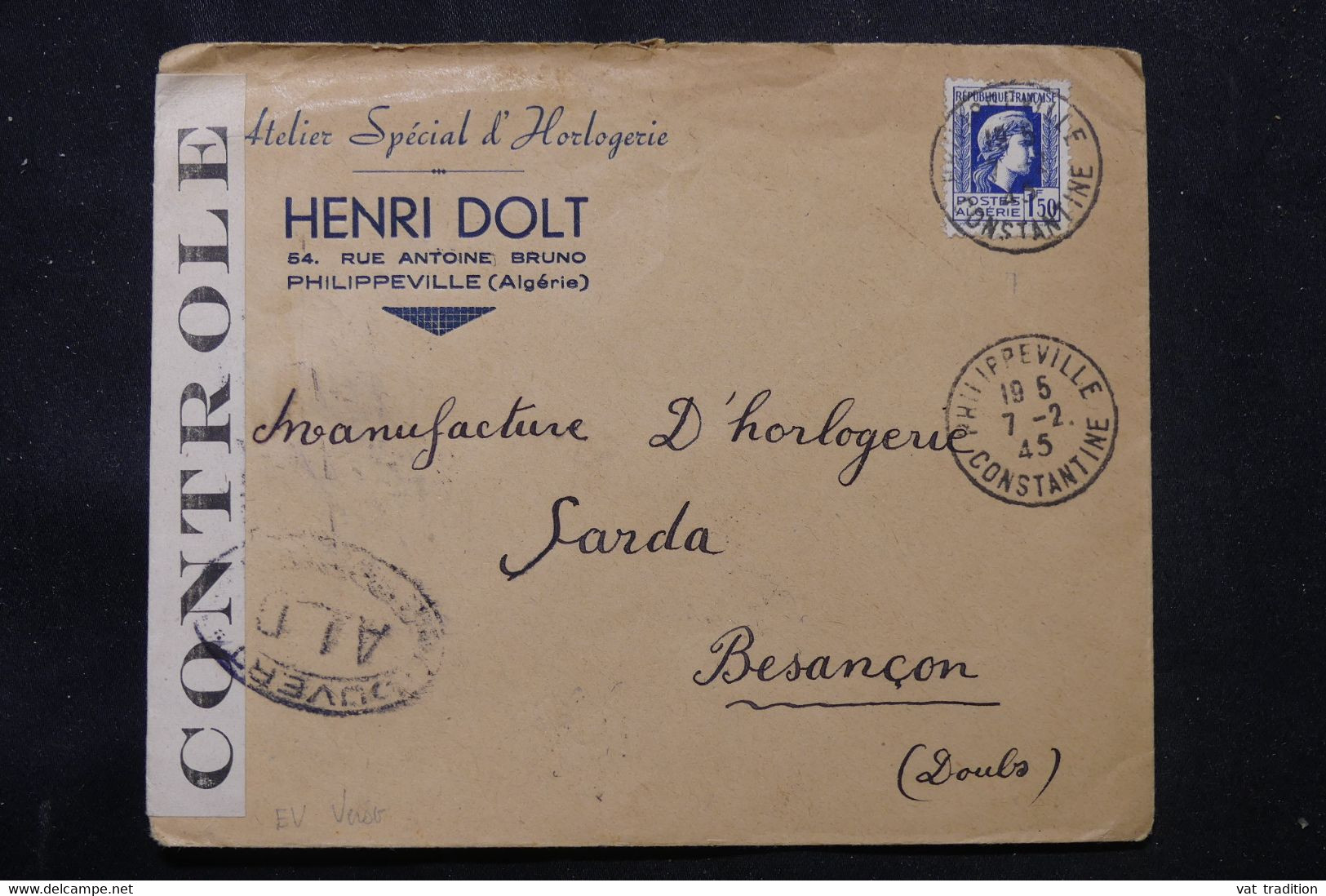 ALGÉRIE - Enveloppe Commerciale ( Horlogerie ) De Philippeville Pour La France En 1945 Avec Contrôle Postal - L 75738 - Brieven En Documenten