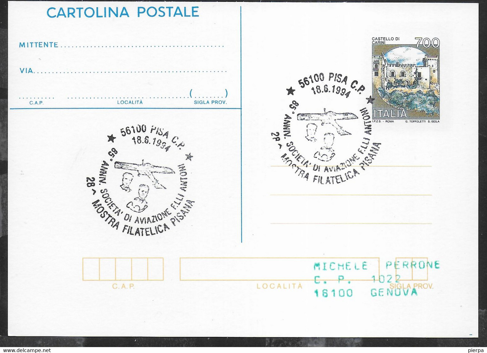 ANNULLO SPECIALE " PISA*18.6.1994*85° ANNIV. SOCIETA' DI AVIAZIONE F.LLI ANTONI-28a MOSTRA FILATELICA PISANA" - 1991-00: Poststempel