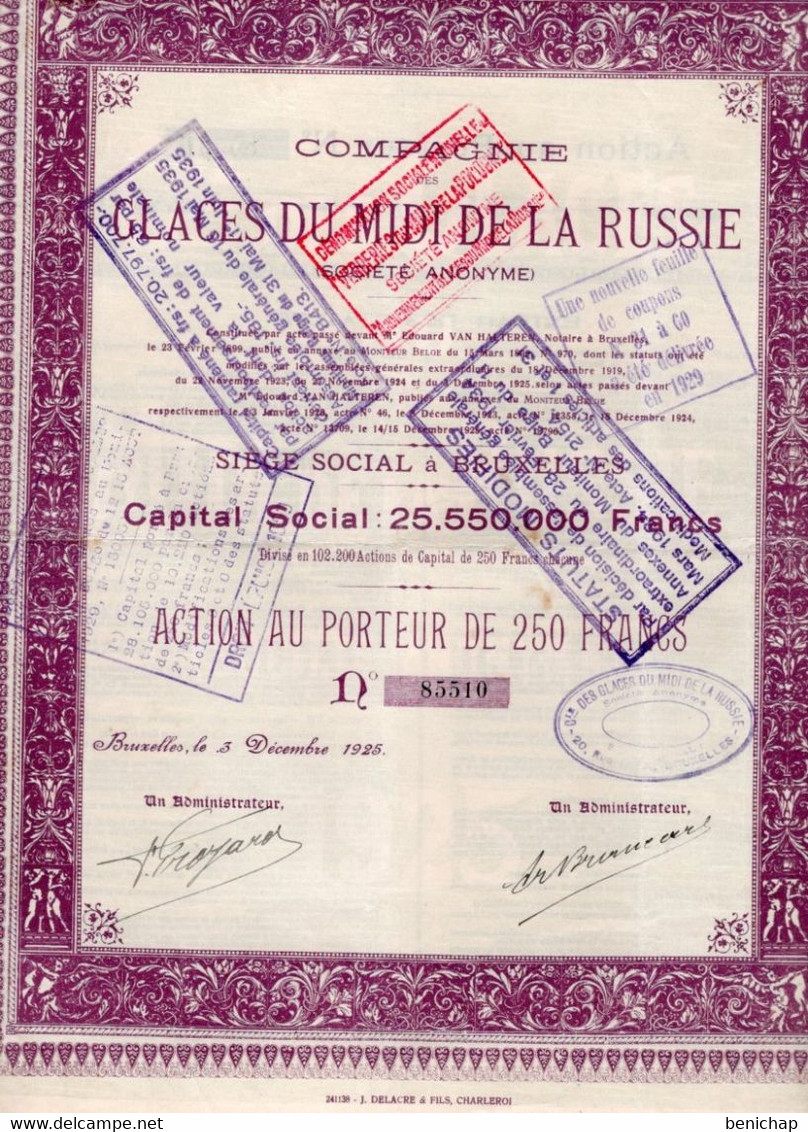 Action Au Porteur De 250 Frcs - Cie Des Glaces Du Midi De La Russie  S.A. - Bruxelles 1925. - Rusia