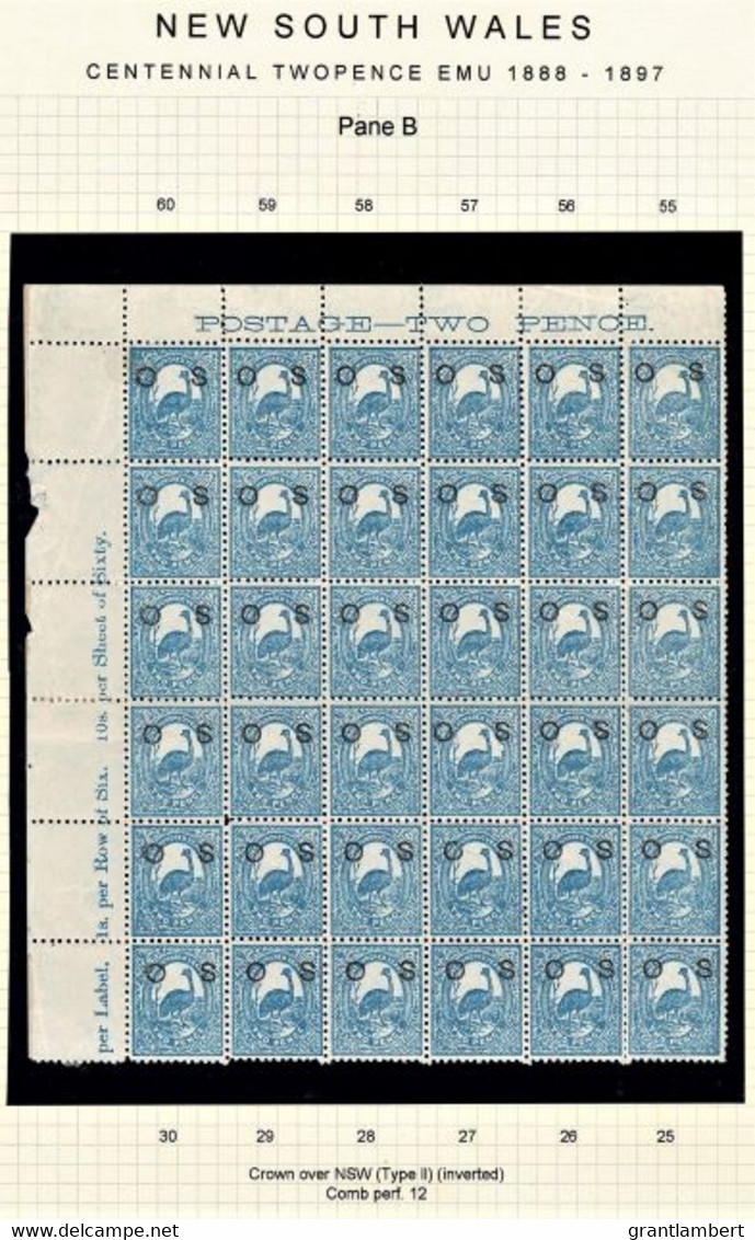 New South Wales 1888-90 Emu 2d Centennial Opt OS Corner Block Of 36, Mostly MNH - Ongebruikt