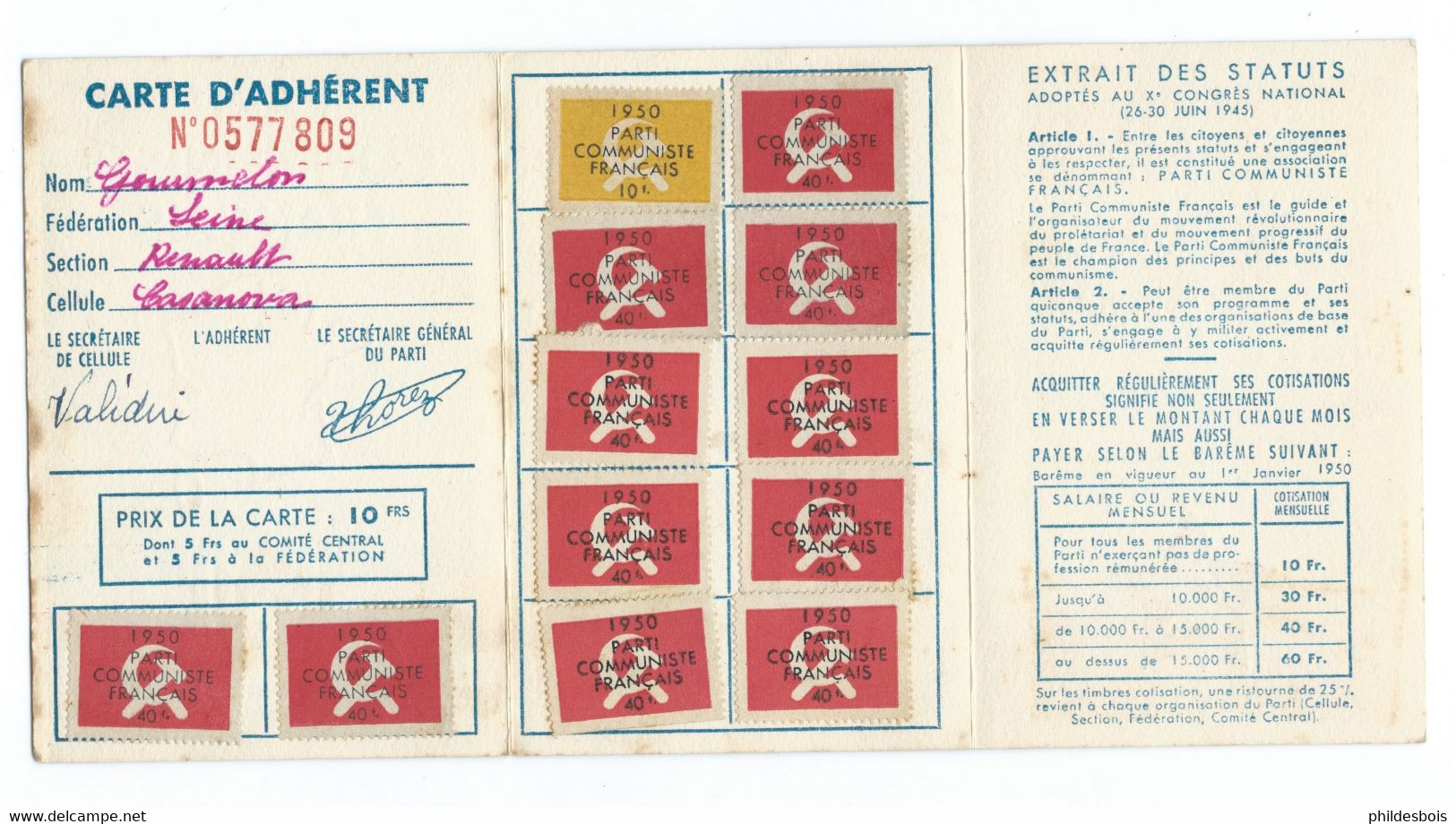 CARTE  PARTI COMMUNISTE FRANCAIS  1950 - Partis Politiques & élections