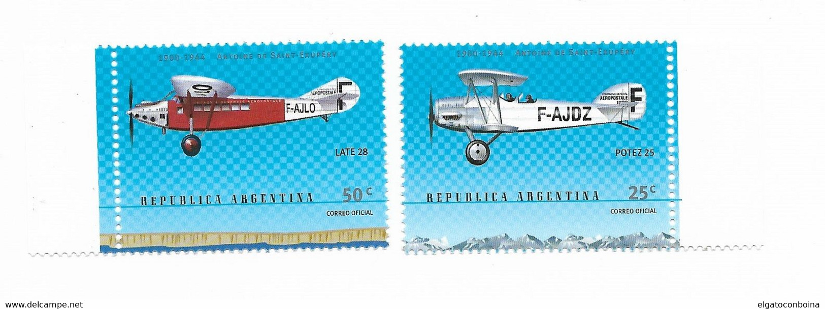 ARGENTINA 2000 PLANES MERCOSUR AIRMAIL EXHIBITION SAINT EXUPERY BIRTH ANNIV. SET OF 2 VALUES MINT NEVER HINGED - Neufs