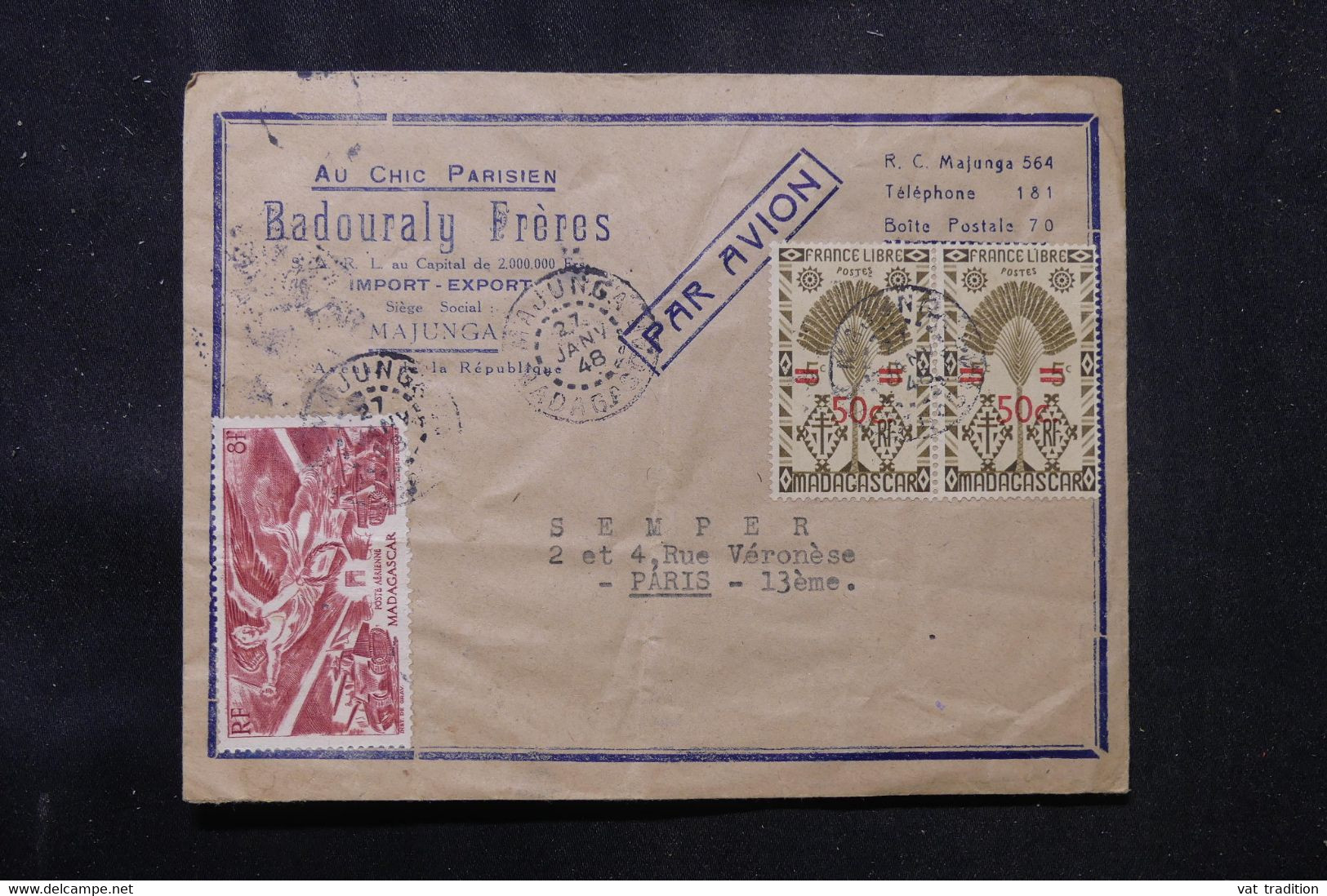 MADAGASCAR - Enveloppe Commerciale De Majunga Pour Paris En 1948 Par Avion - L 75768 - Andere & Zonder Classificatie