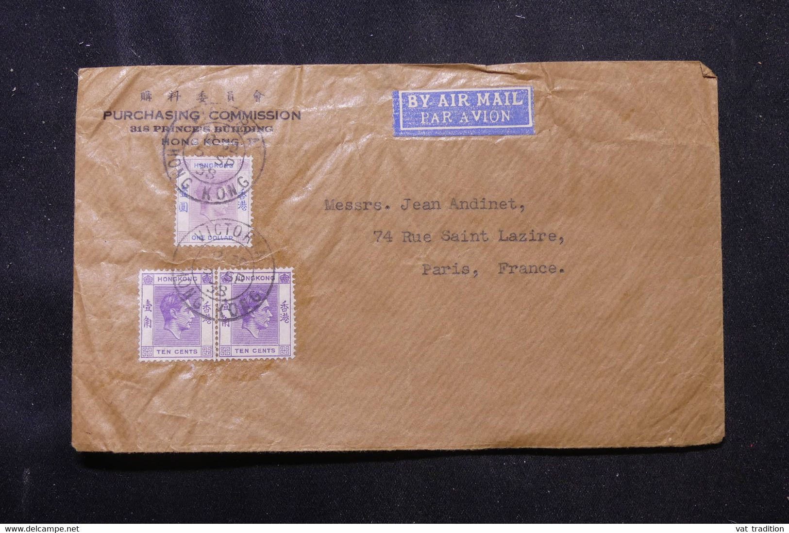 HONG KONG - Enveloppe Commerciale Pour Paris En 1938 - L 75769 - Storia Postale