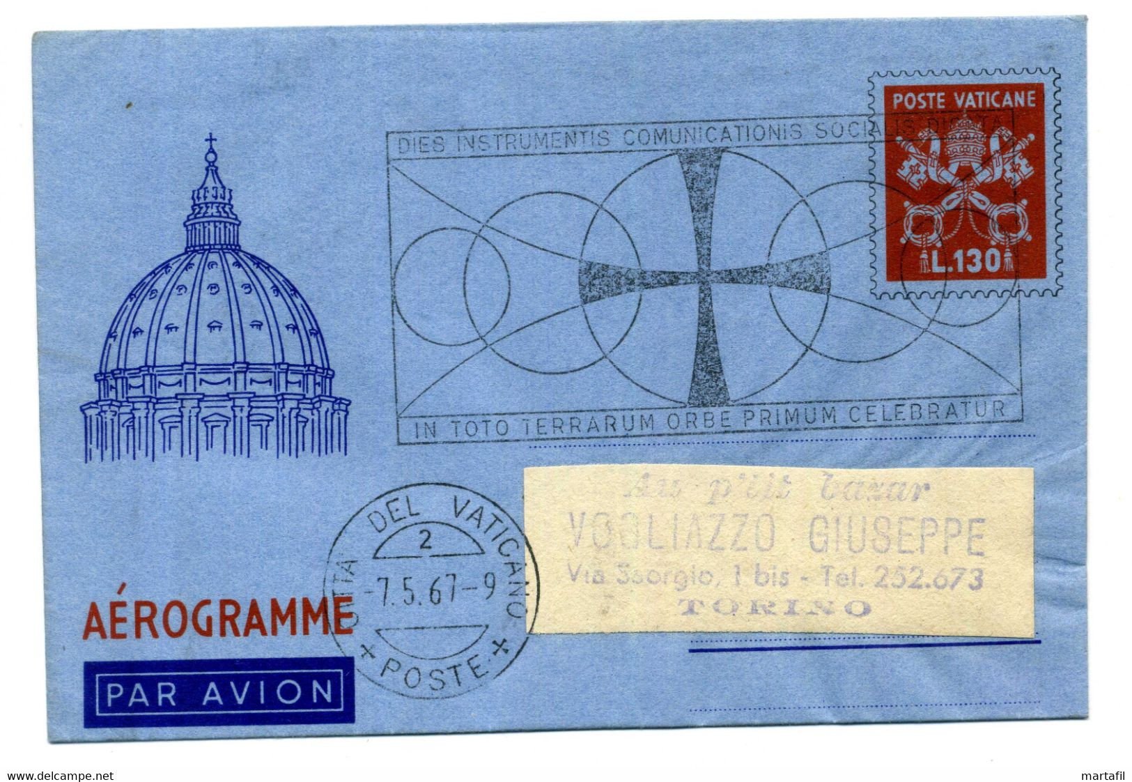 1966 (1967) VATICANO AEROGRAMMA  130 Lire Viaggiato In Italia - Entiers Postaux