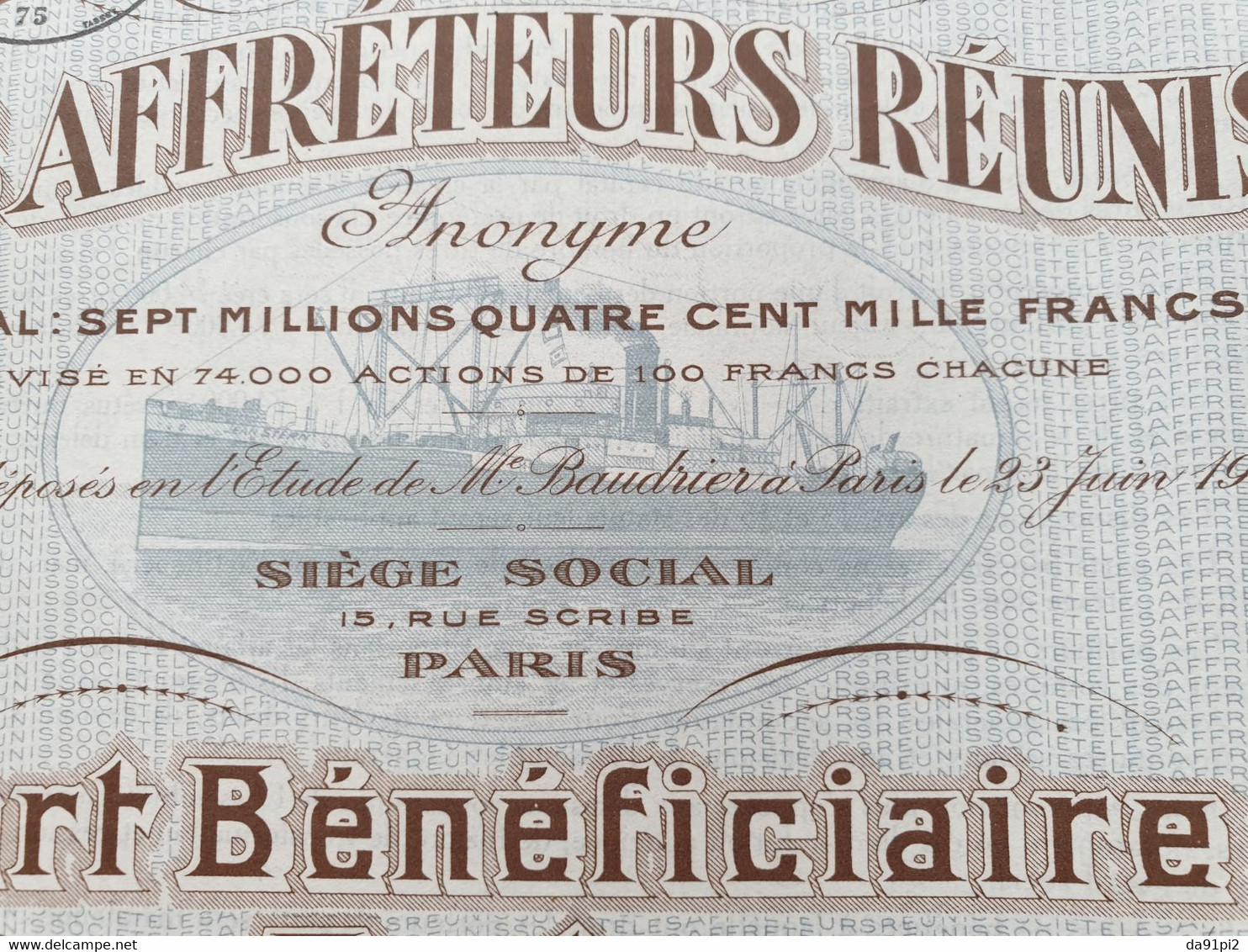 DECO Part Bénéficiaire Affréteurs Réunis 1920 - Navigazione