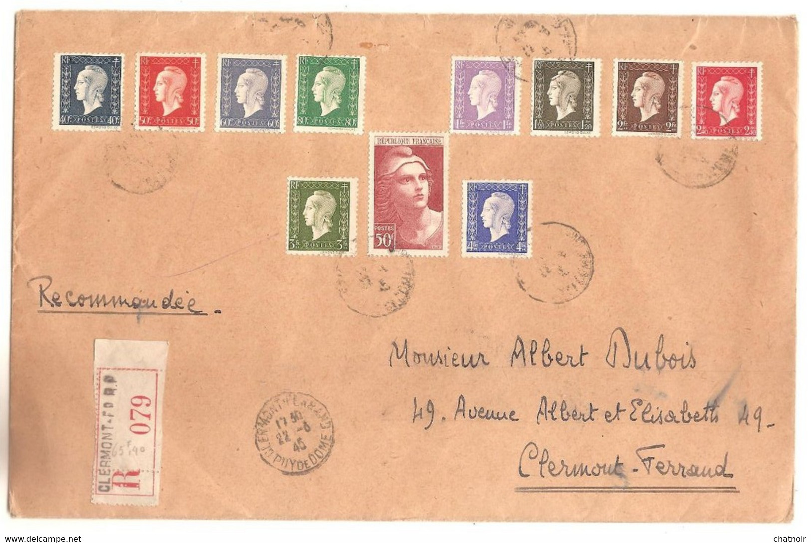 Enveloppe  RECOM   Avec 10 Timbres "DULAC "  Et 1 Timbre  "SEMEUSE" Oblit  Clermond Ferrand   Puy De Dome   1945 - Autres & Non Classés