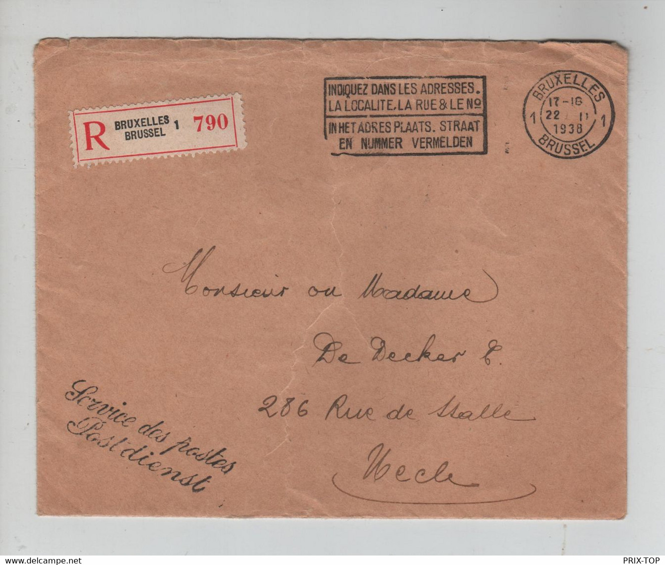 REF2267/ Lettre Recommandée Franchise Services Des Postes/Postdienst C.BXL 22/2/1938 Cde 2 BL 8 Non Comptés XX > Uccle - Franchise