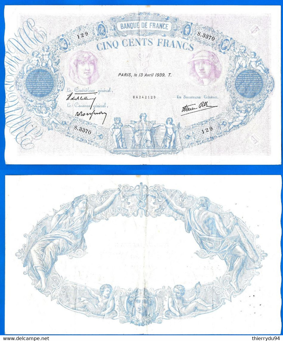 France 500 Francs 1939 Bleu Et Rose Serie S 3370 Du 13 04 1939  Frcs Frc Europe Paypal Bitcoin OK - 500 F 1888-1940 ''Bleu Et Rose''