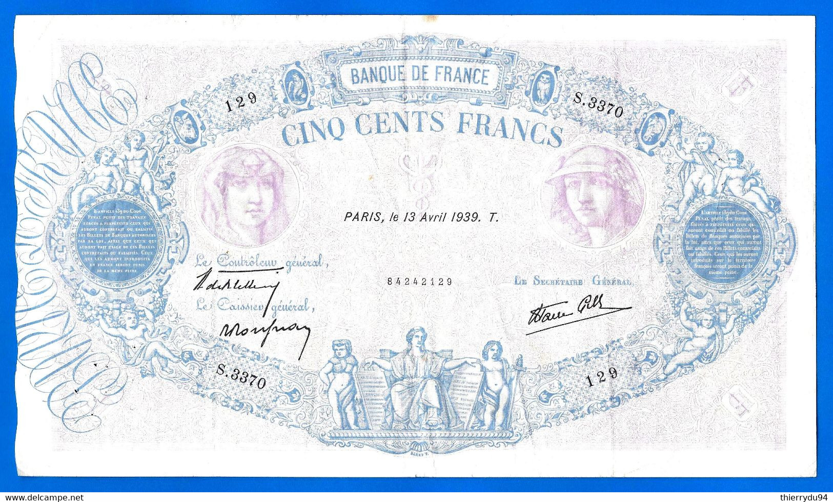 France 500 Francs 1939 Bleu Et Rose Serie S 3370 Du 13 04 1939  Frcs Frc Europe Paypal Bitcoin OK - 500 F 1888-1940 ''Bleu Et Rose''