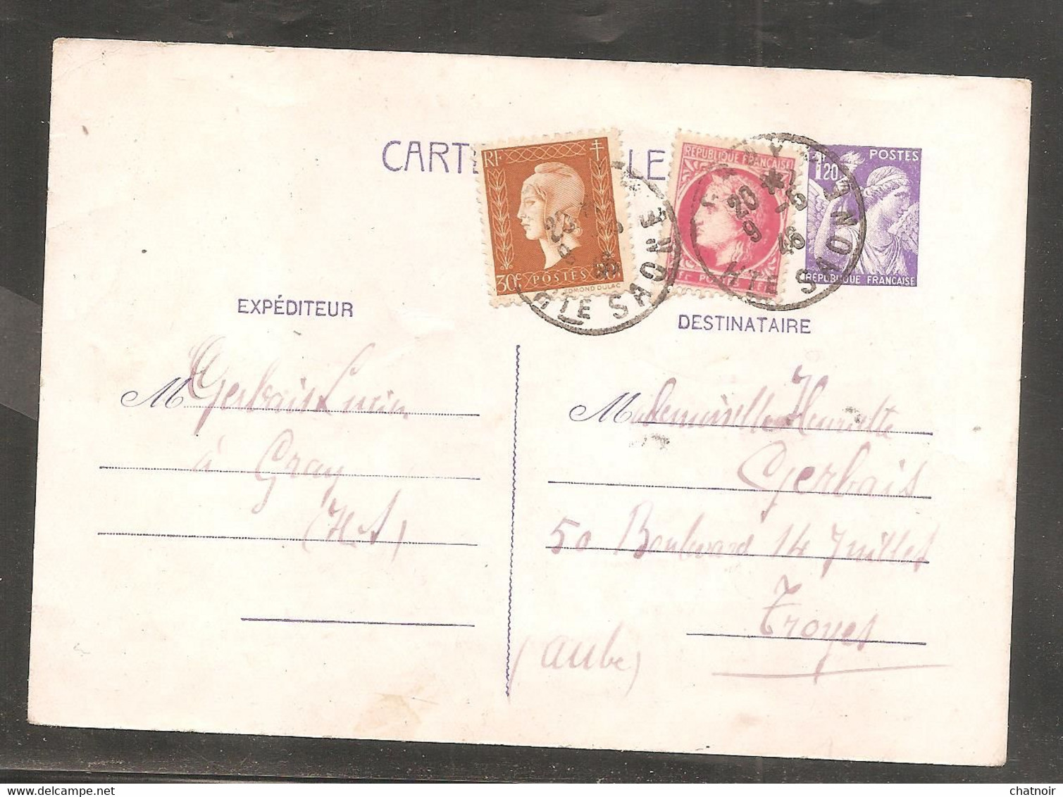 CP Entier Postal  1,20  IRIS  + 1 Fr Mazelin + 30 C  Dulac  Oblit GRAY   1946 - Postales Tipos Y (antes De 1995)