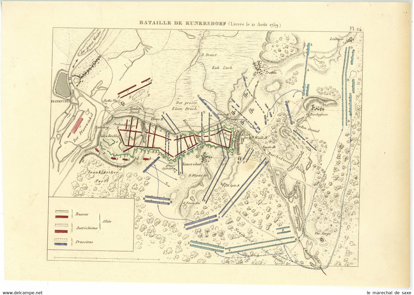 Bataille De KUNERSDORF Schlacht 1759 Karte Koloriert Friedrich II. Der Große Von Preußen Russland - Landkarten