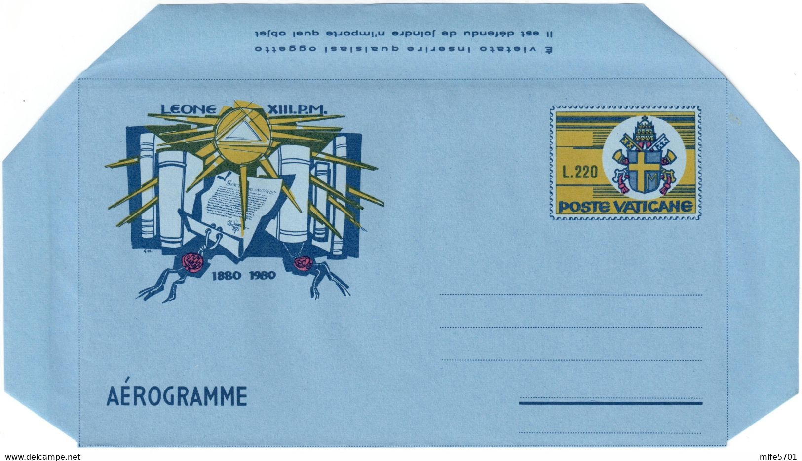 VATICANO - INTERO POSTALE / AEROGRAMMA TIPO ARCHIVIO SEGRETO VATICANO L. 220 - 1980 - CATALOGO FILAGRANO "A18" NUOVO ** - Postal Stationeries