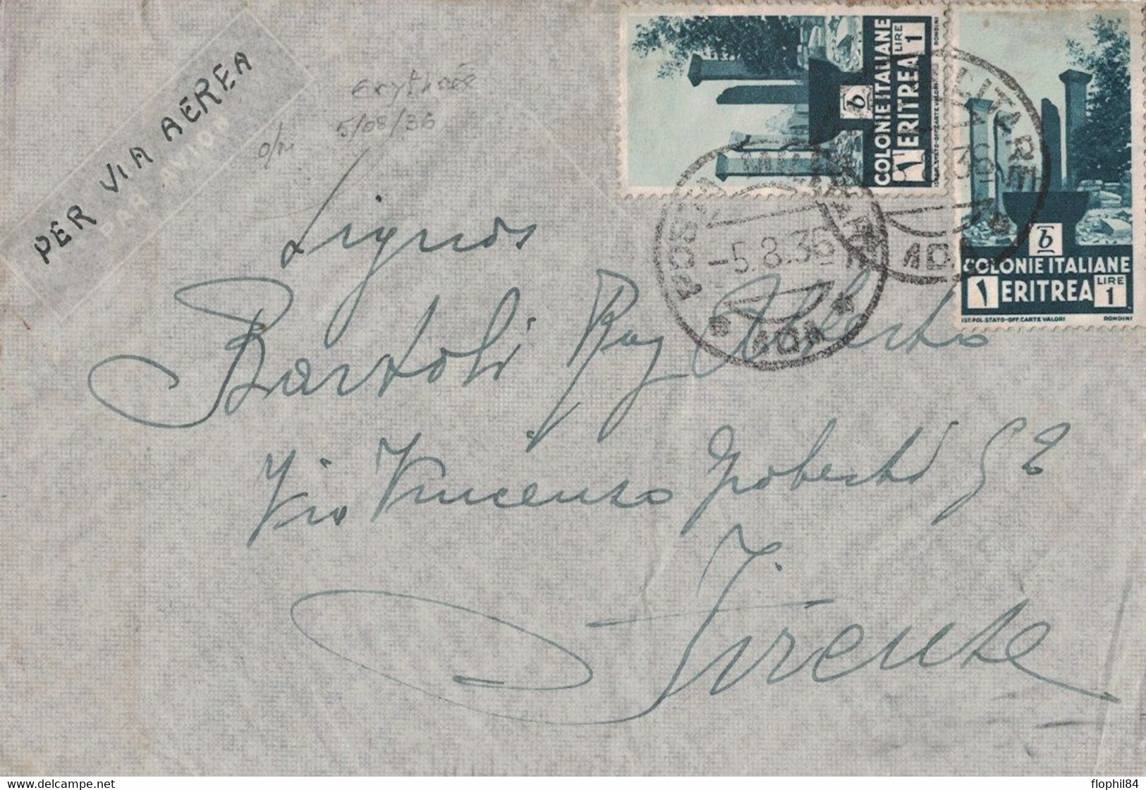 ERITREE - COLONIE ITALIENNE - CACHET POSTA MILITARE 5-8-1936 - LETTRE AVION POUR L'ITALIE. - Eritrea