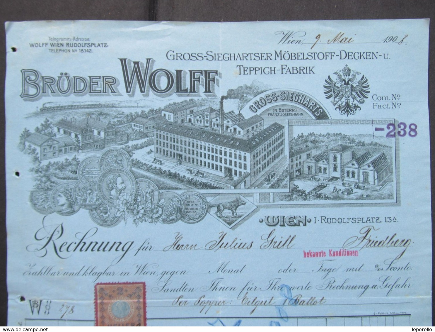 RECHNUNG Groß-Siegharts B. Waidhofen A.d.Thaya Brüder Wolff Teppich 1908  ////   D*46986 - Waidhofen An Der Thaya