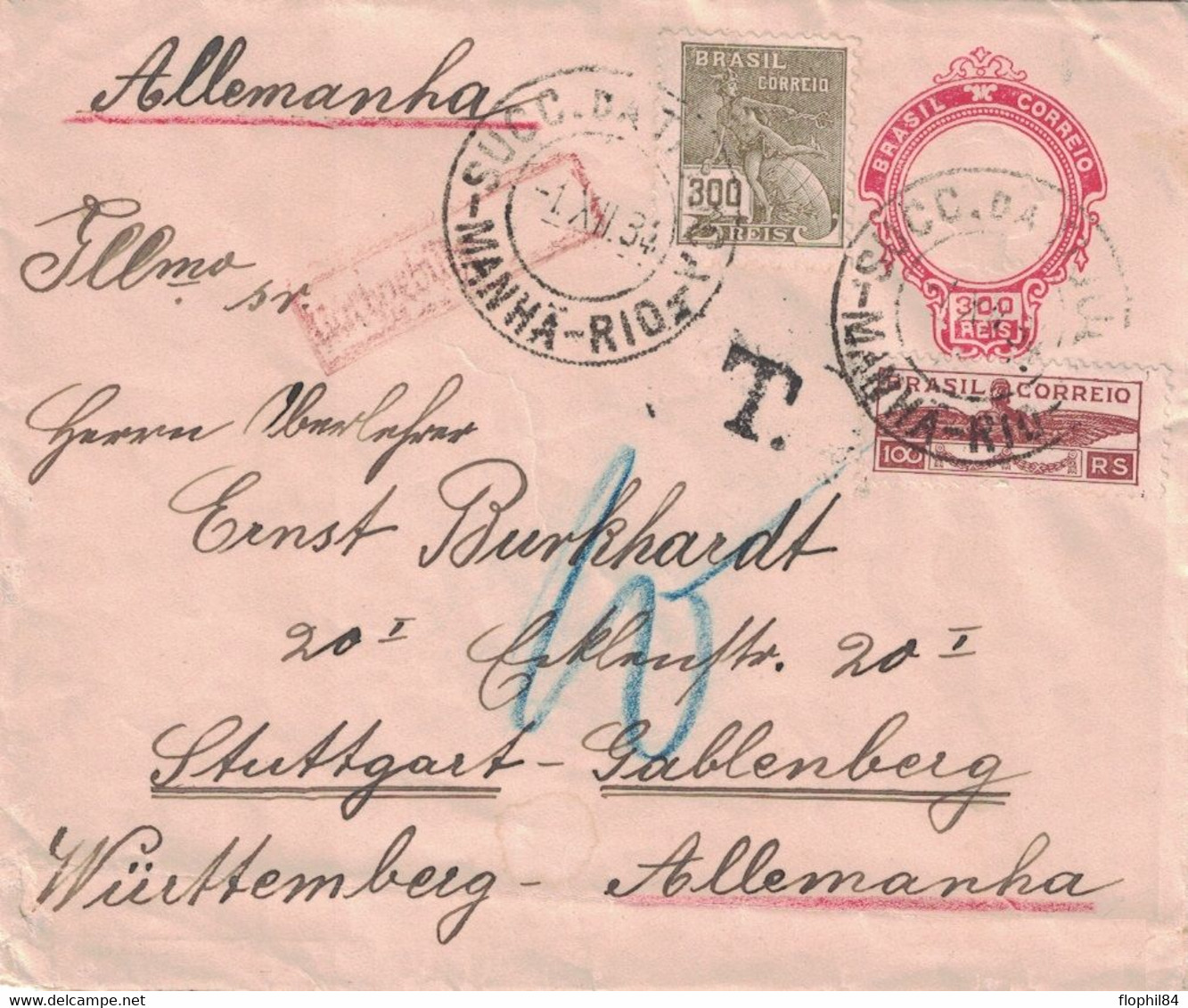 BRESIL - MANHA - LETTRE AERIENNE POUR L'ALLEMAGNE LE 1-12-1934 - AVEC TAXE. - Postal Stationery