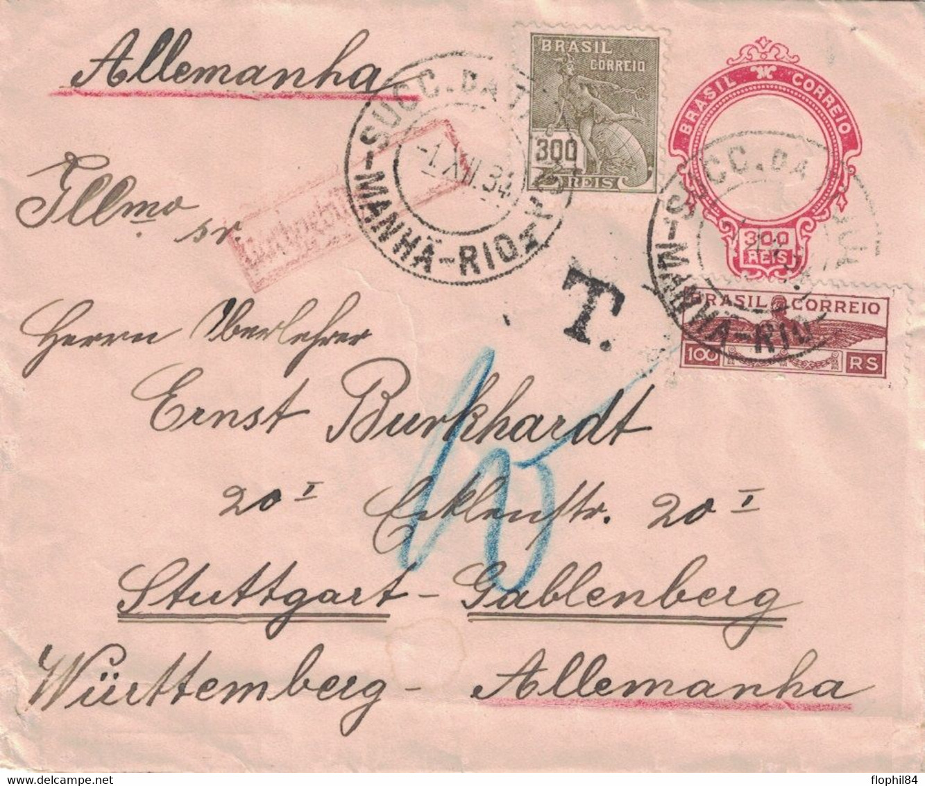 BRESIL - MANHA - LETTRE AERIENNE POUR L'ALLEMAGNE LE 1-12-1934 - AVEC TAXE. - Ganzsachen