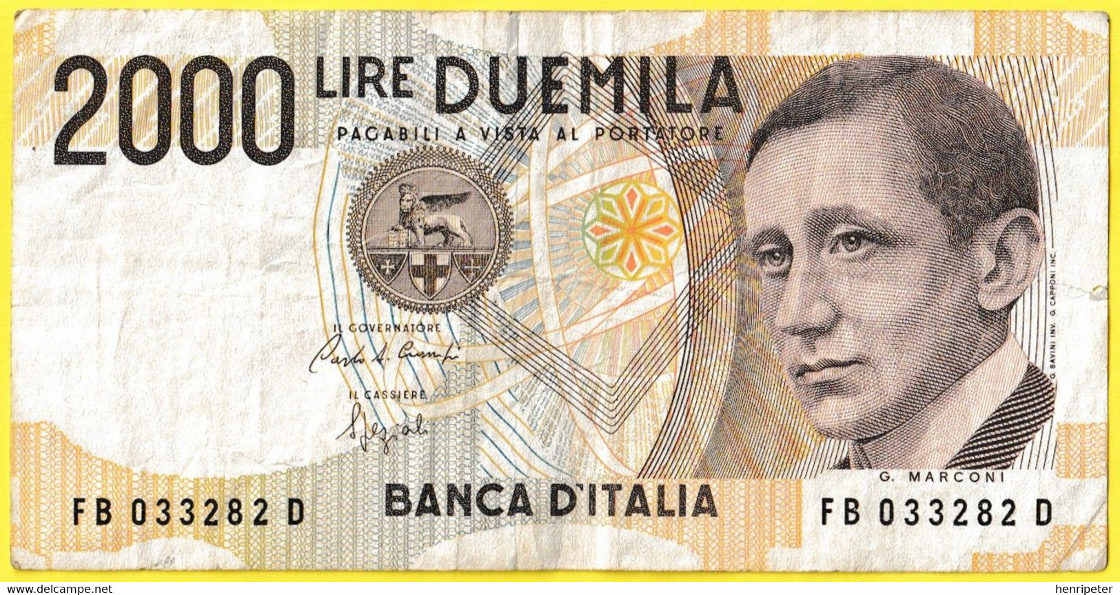 Billet De Banque Usagé Ayant Circulé - BANCA D'ITALIA - 2000 Lire DUEMILA LIRE - FB 033282 D - G. MARCONI - ITALIE 1990 - 2000 Lire