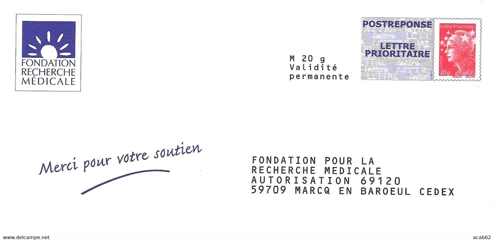 France, PAP, Beaujard Postréponse, Lettre Prioritaire, 12P289, Fondation Recherche Médicale - Listos Para Enviar: Respuesta /Beaujard