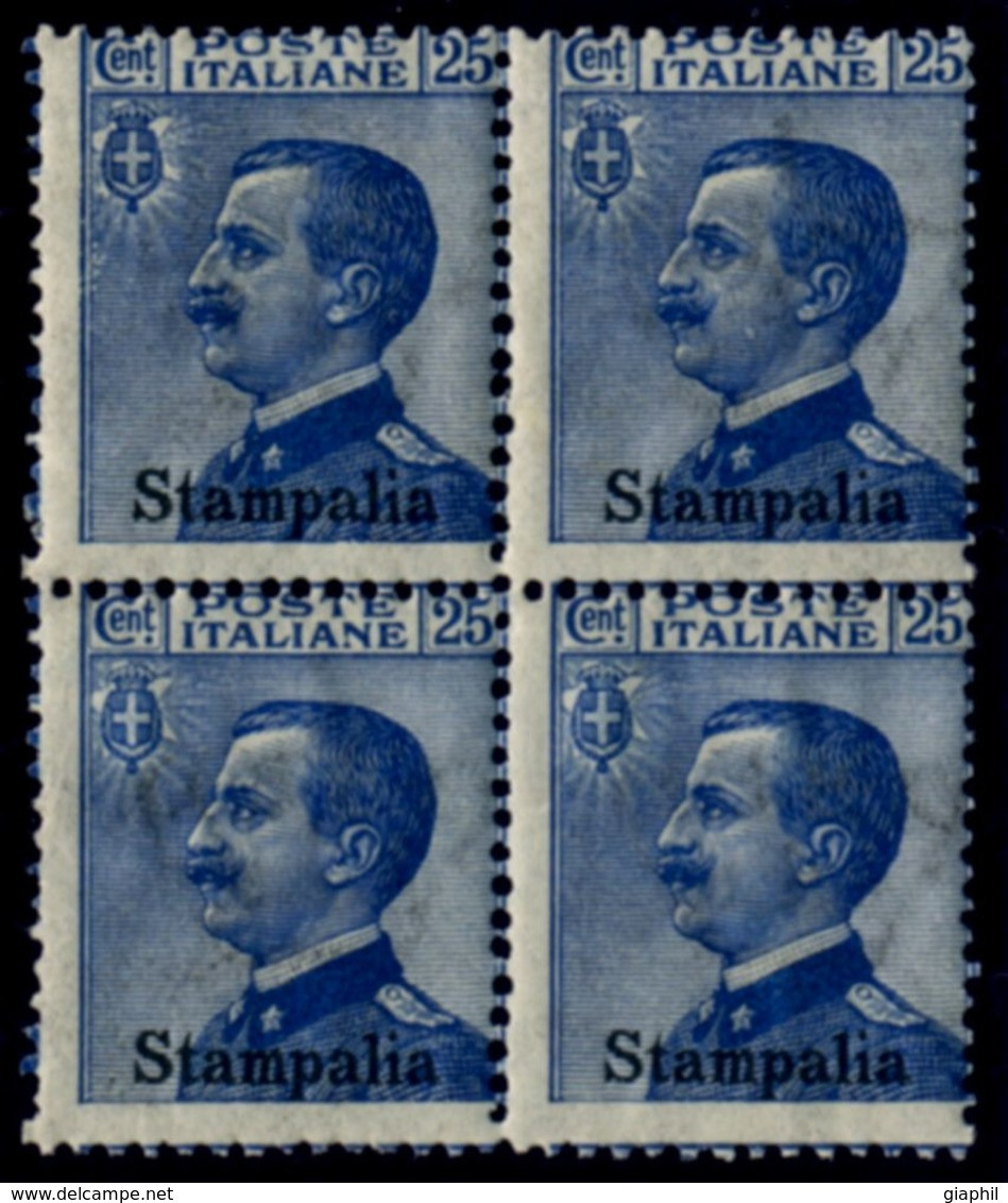 ITALIA ISOLE DELL'EGEO STAMPALIA 1912 25 C. (Sass. 5) QUARTINA NUOVA INTEGRA ** - Aegean (Stampalia)