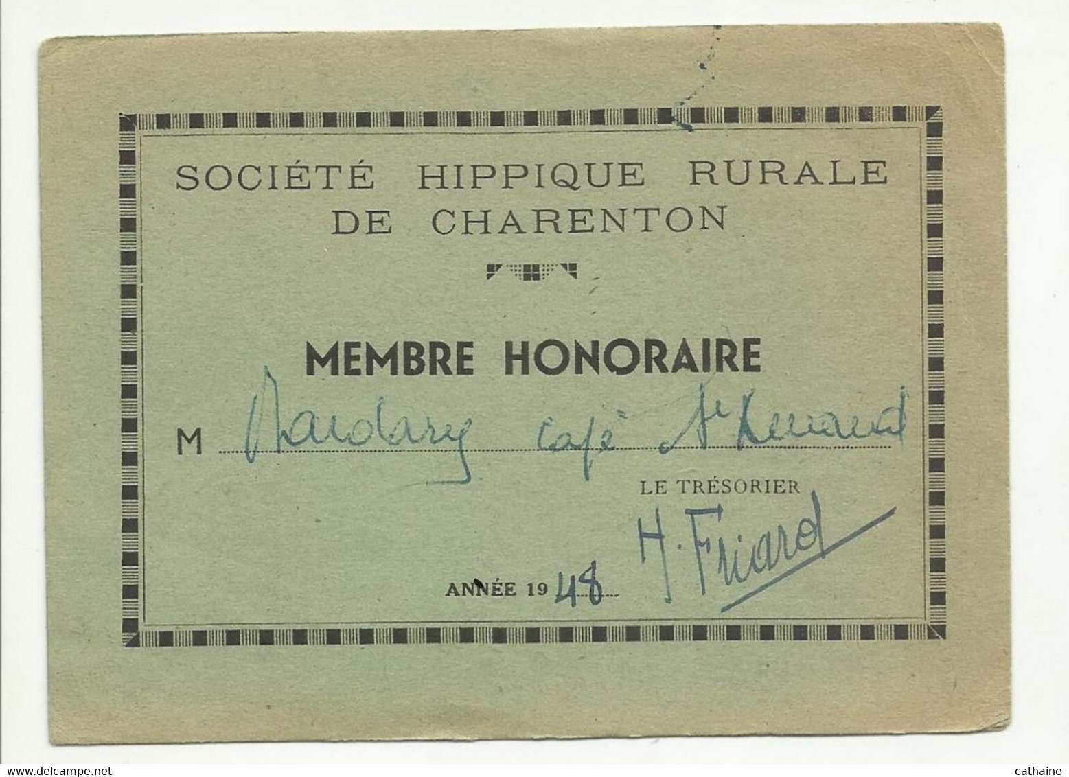 18  . CHARENTON . CARTE DE MEMBRE HONORAIRE DE LA SOCIETE HIPPIQUE RURALE . 1948 - Equitazione