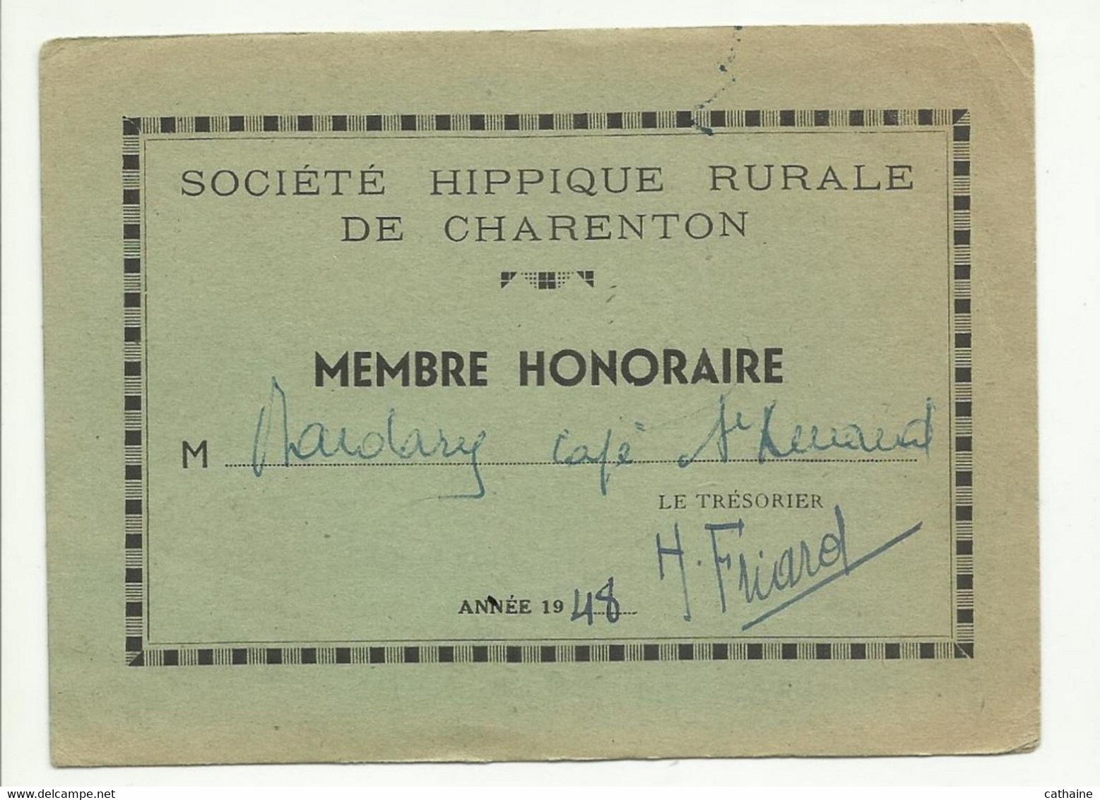 18  . CHARENTON . CARTE DE MEMBRE HONORAIRE DE LA SOCIETE HIPPIQUE RURALE . 1948 - Equitation