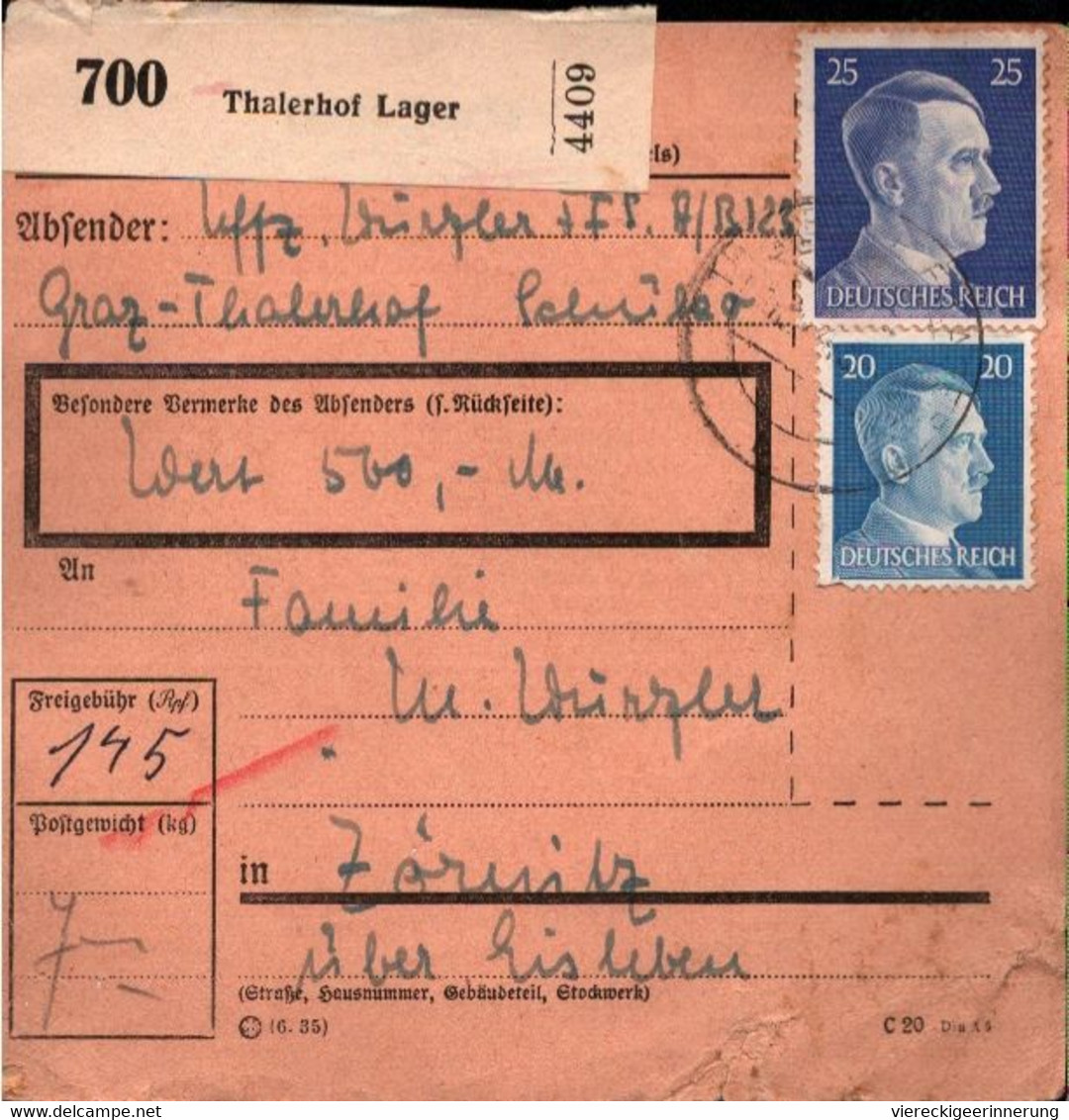 ! 1943 Graz Thalerhof Lager, Österreich Nach Zörnitz über Eisleben, Paketkarte,  Deutsches Reich, 3. Reich - Covers & Documents