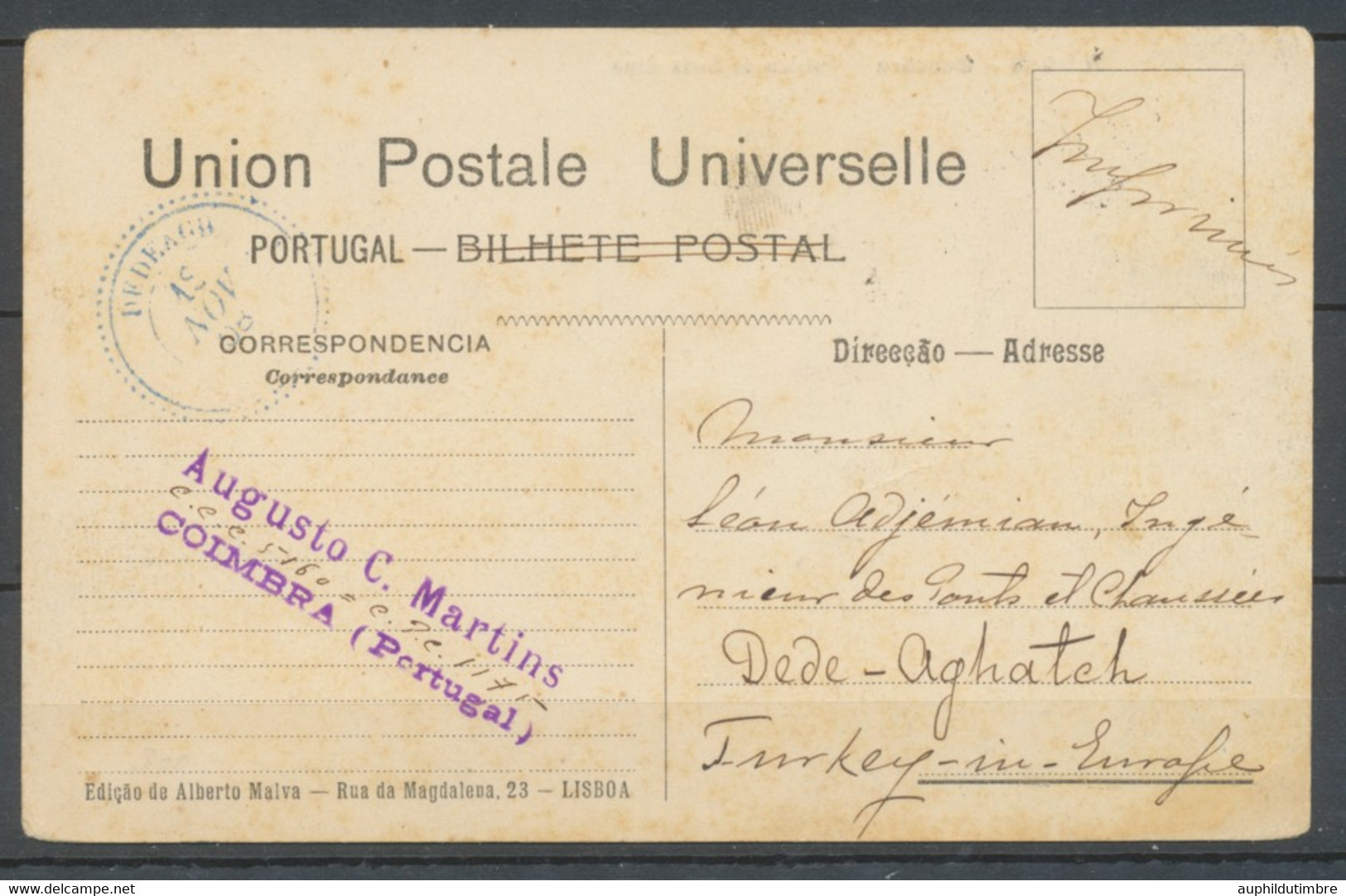 1908 Cachet Perlé DEDEAGH Sur CP Affranchit Par Un 10r Du Portugal. TB H2583 - Lettres & Documents