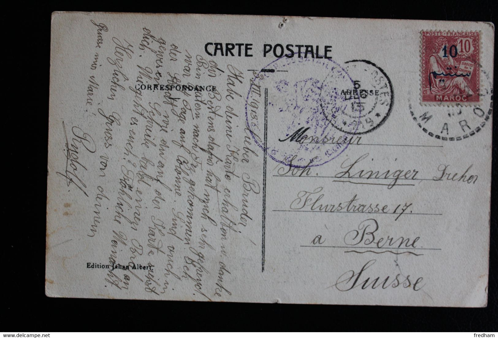 MAROC 1913, CP(SEFROU) CAD DU 03/12/1913 POUR BERNE CAD ARRIVEE DU 05/12/1915 Y&T NO29 TYPE MOUCHON 10/10C ROSE.. - Sonstige & Ohne Zuordnung