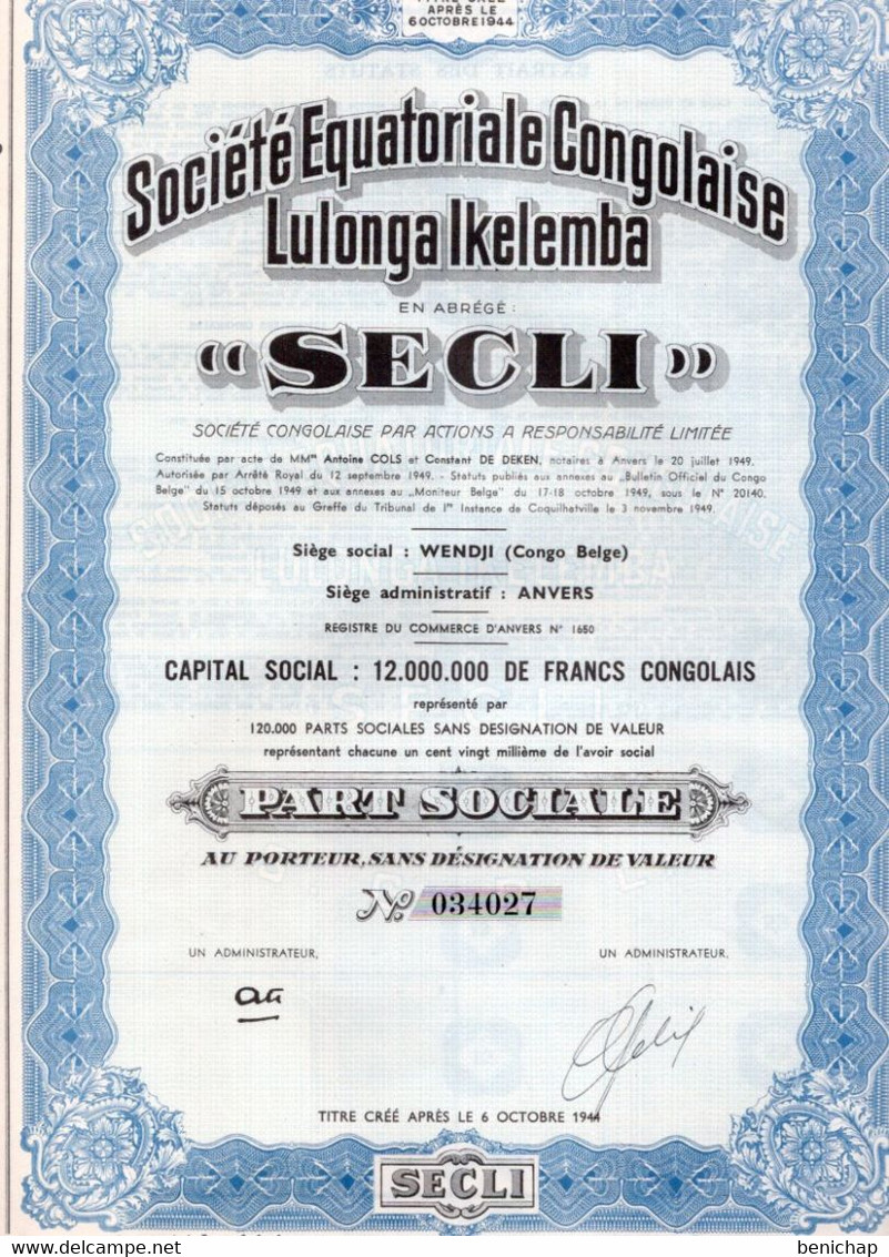 Part Sociale Au Porteur - Société Equatoriale Congolaise - Lulonga Ikelemba - SECLI - Wendji - Congo Belge 1949. - Afrika
