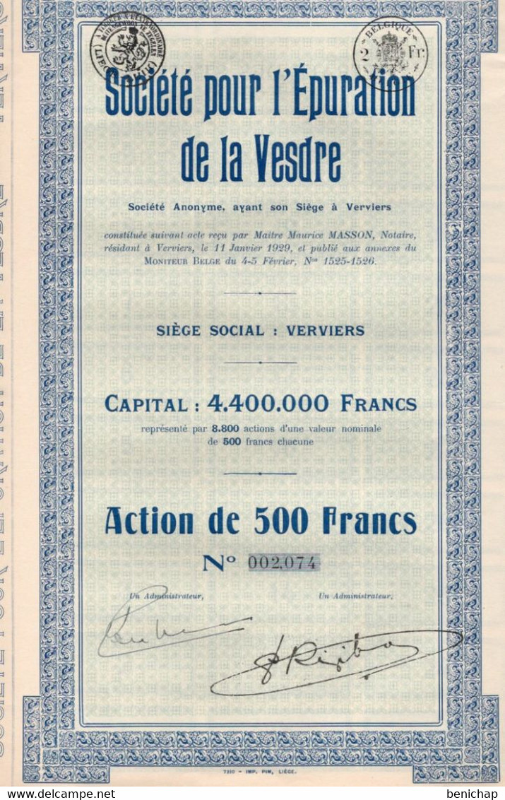Action De 500 Frcs - Société Pour L'Epuration De La Vesdre - Verviers 1929 - Wasser