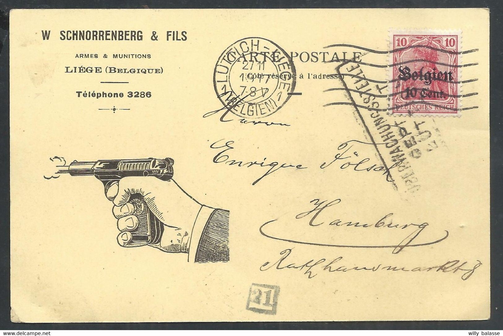 Carte Illustrée ARME "Schnorrenberg" Affr 10c De LIEGE /1917 Pour Hambourg + Censure - OC1/25 Generalgouvernement 