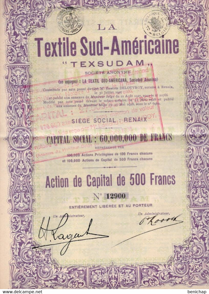 Action De Capital De 500 Frcs Au Porteur - La Textile Sud-Américaine - Texsudam - Renaix 1928 - Industrie