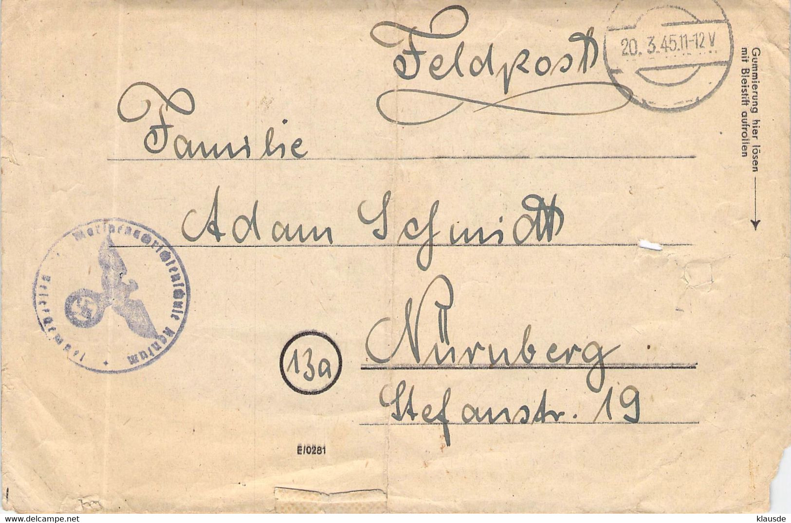 Feldpost Marinenachrichtenschule Rantum/Sylt - Nürnberg 20.3.45 - Feldpost 2da Guerra Mundial