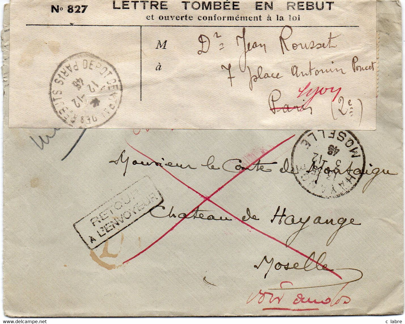 FRANCE : RAL . AVEC ETIQUETTE . N° 827 . LETTRE TOMBEE EN REBUT . DEPOT CENTRAL DE PARIS . 1946 . - Storia Postale