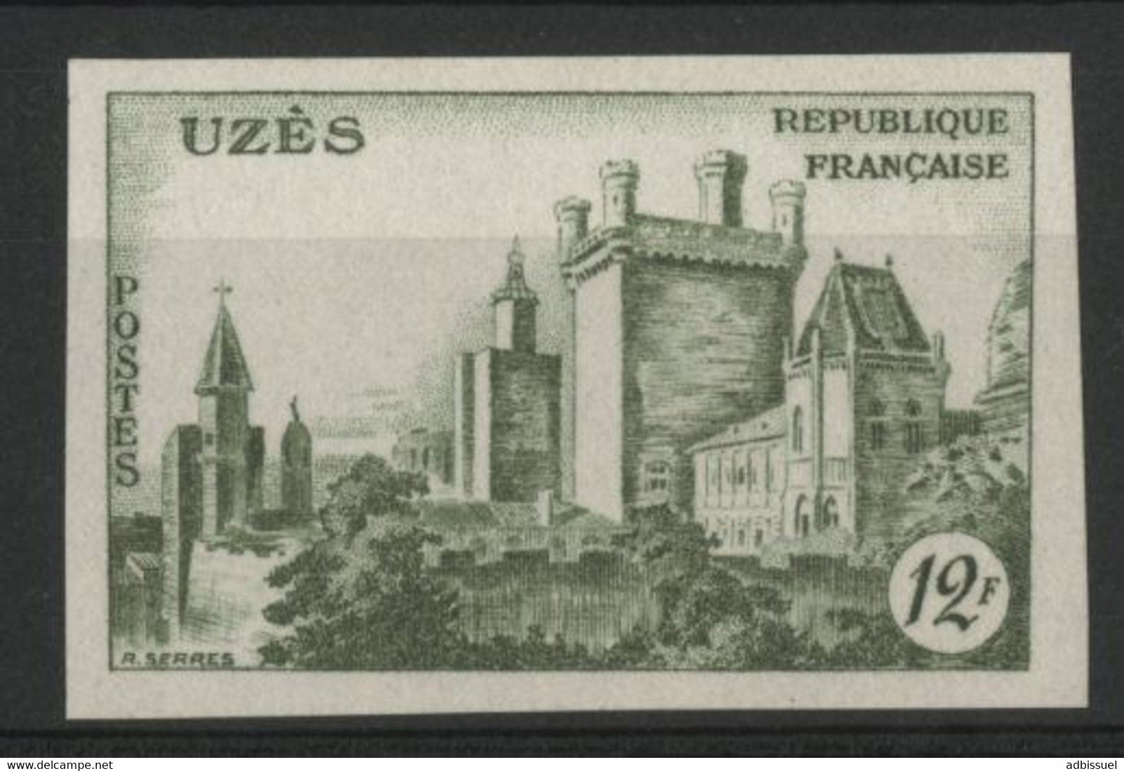 N° 1099 ESSAI NON DENTELE Château D'Uzes 12Fr Vert Olive. Neuf * (MH). TB. - Pruebas De Colores 1945-…