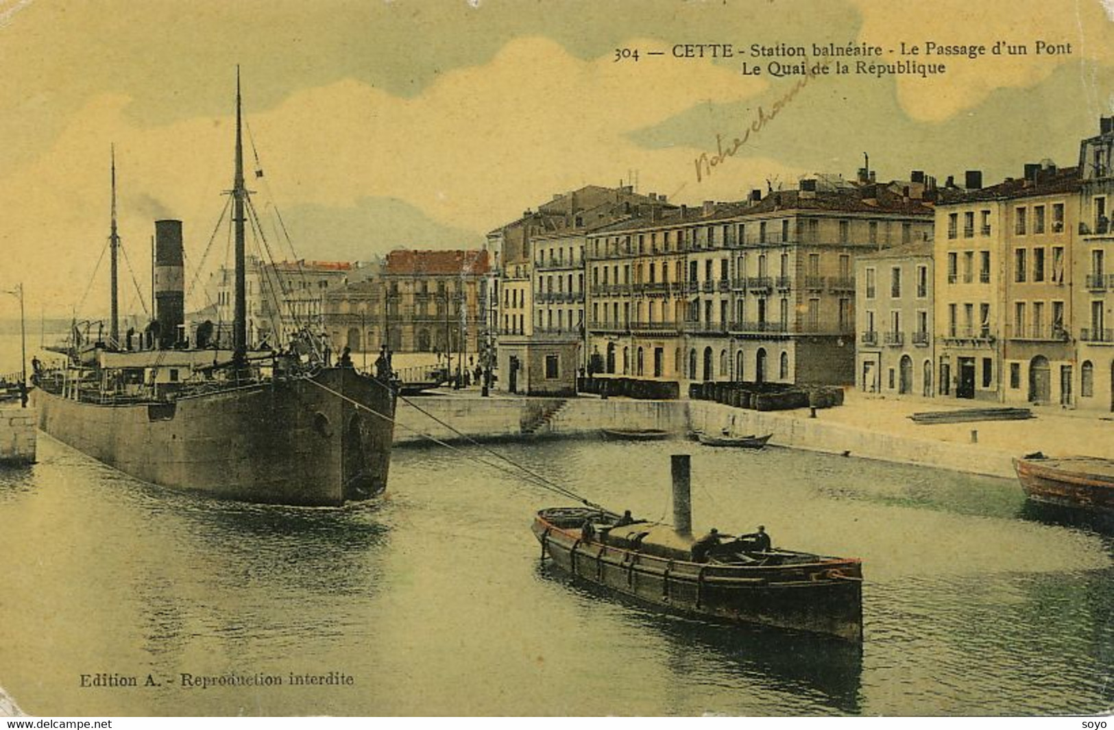 Remorqueur Tirant Un Bateau à Cette Sète .  Envoi à Durrière à Beaujeu Rhone - Tugboats