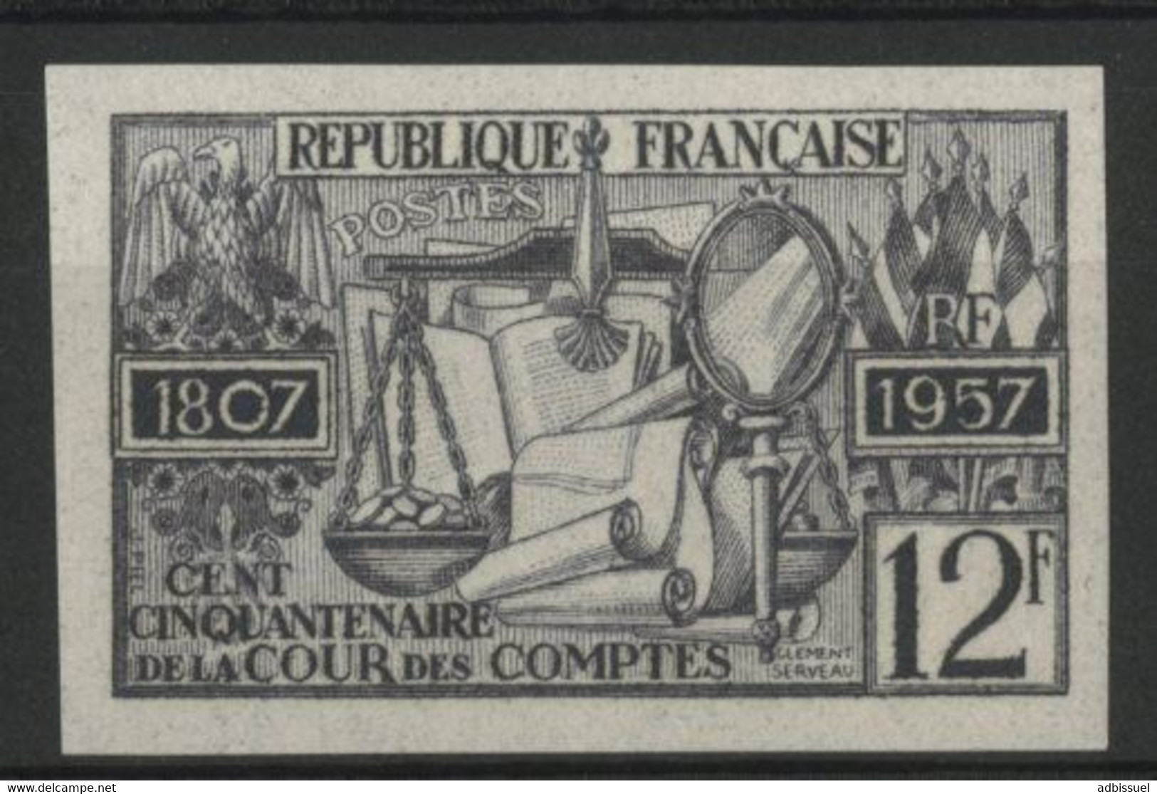 N° 1107 ESSAI NON DENTELE CENT CINQUANTENAIRE DE LA COUR DES COMPTES 12Fr Gris Lilas. Neuf * (MH). TB. - Color Proofs 1945-…