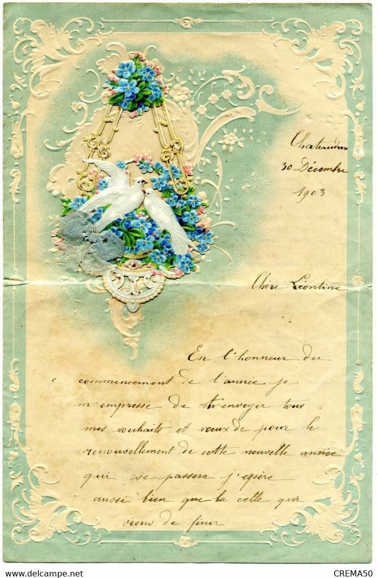 Lettre Papier Gauffré,réhaussée D'un Découpis, écrite  En 1903 De CHATEAUDUN - Manuscrits