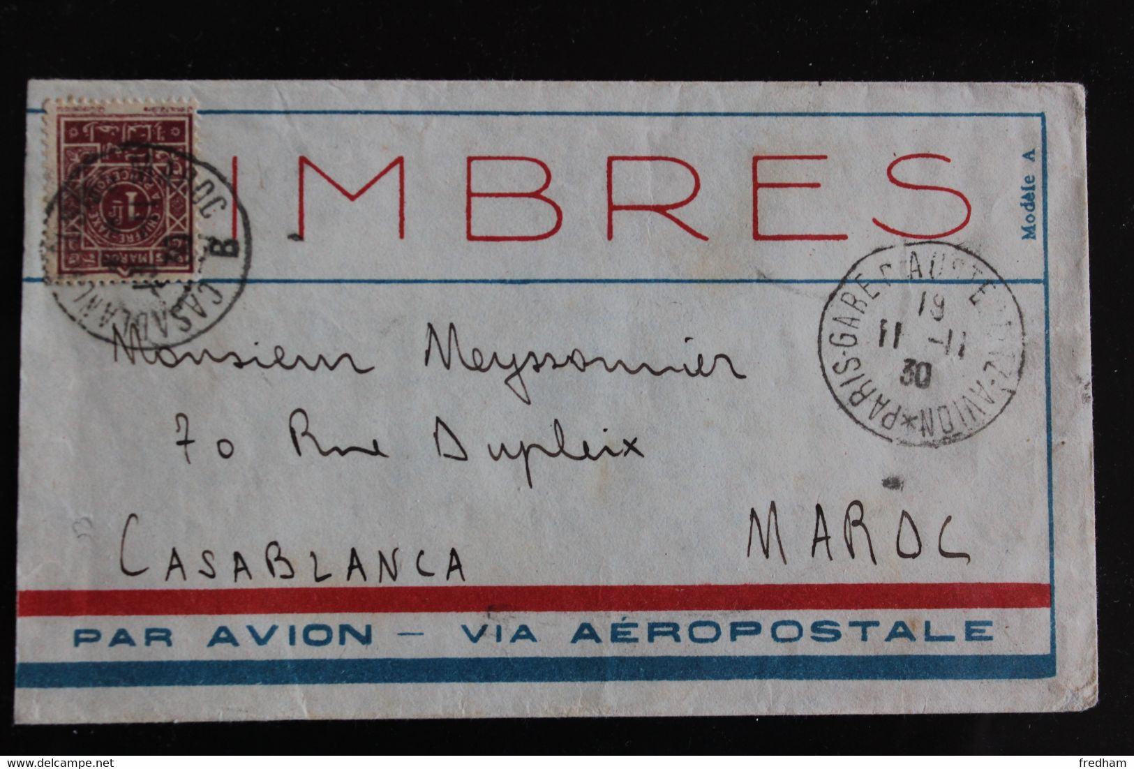 1930 .LSC CAD PARIS-GARE D'AUSTERLITZ-AVION DU 11/11/30 POUR CASABLANCA, MAROC SS AFFRANCHISSEMENT TAXEE.. - 1921-1960: Moderne