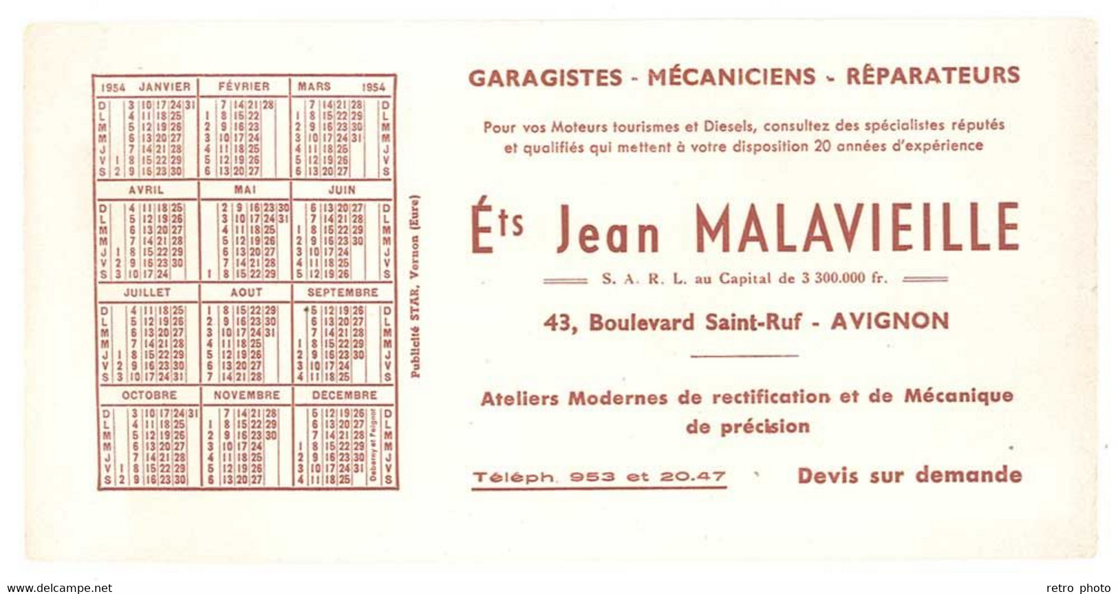 Buvard Automobile , Garagistes, Mécaniciens, Réparateurs, Ets Jean Malavieille , Avignon , Calendrier 1954 - Automobile