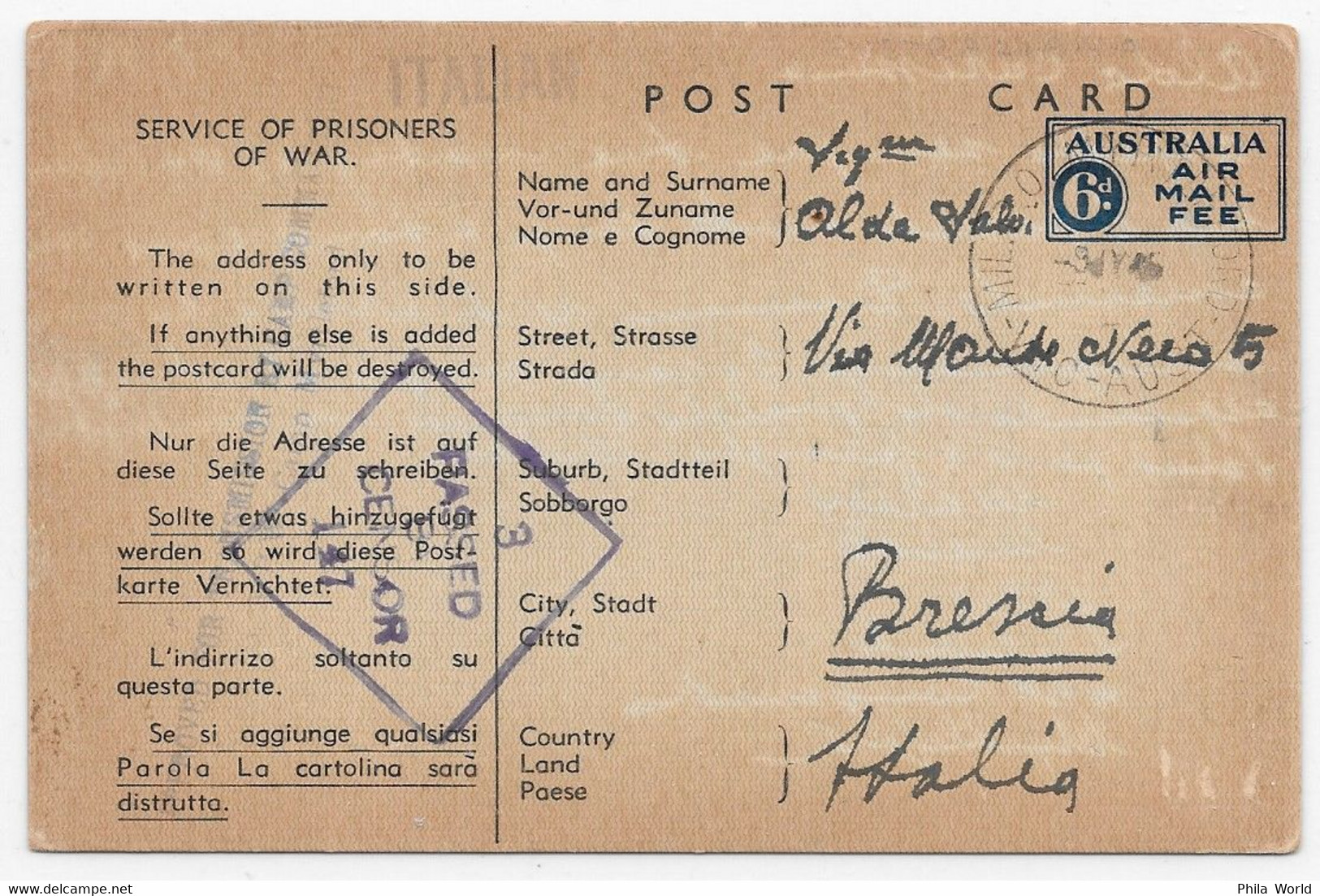 WW2 AUSTRALIA 1945 Airmail Service Italian POW Prisoners Of War Post Card W. Air Mail Fee - MYRTLEFORD Camp In VICTORIA - Postal Stationery