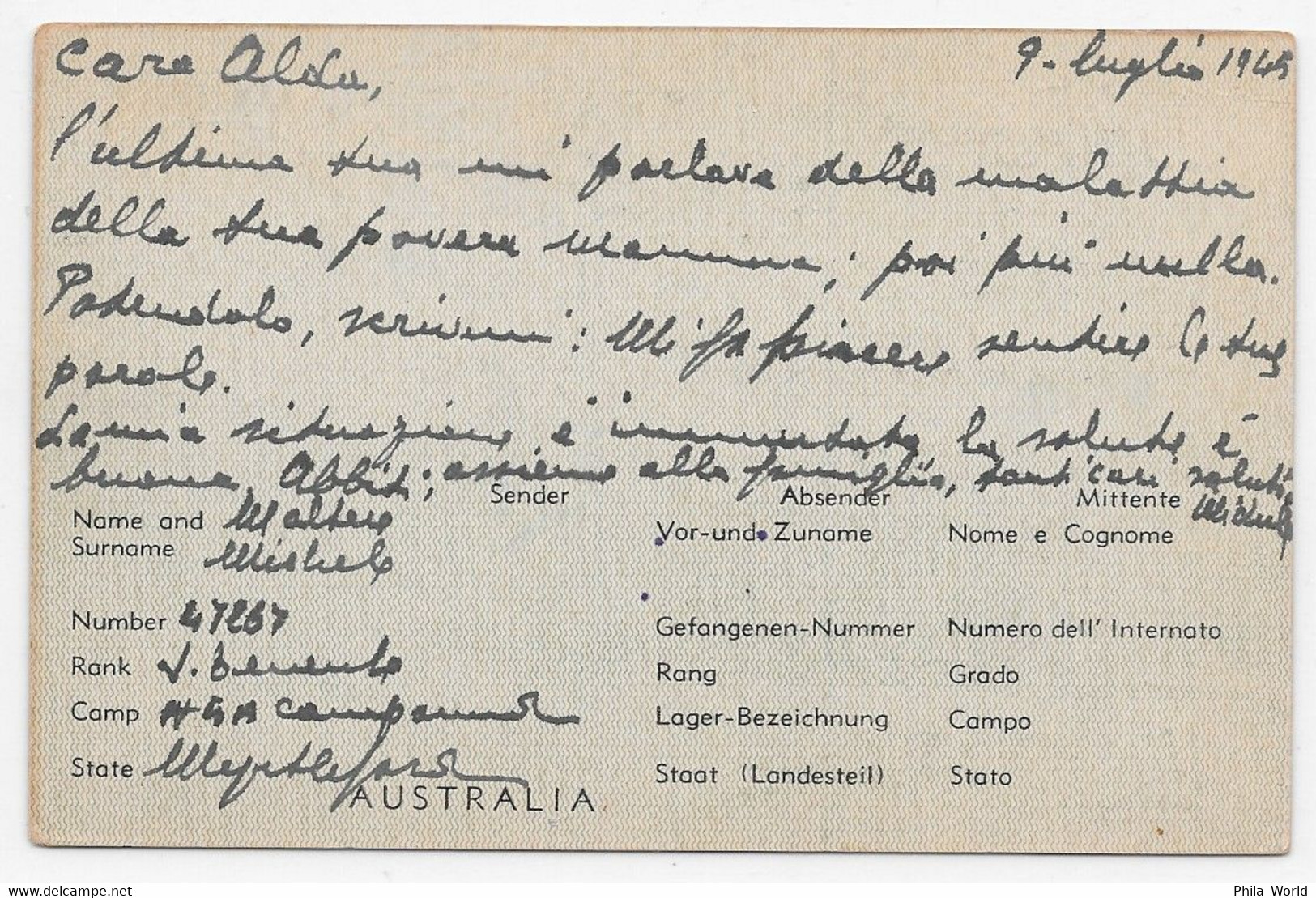 WW2 AUSTRALIA 1945 Airmail Service Italian POW Prisoners Of War Post Card W. Air Mail Fee - MYRTLEFORD Camp In VICTORIA - Enteros Postales