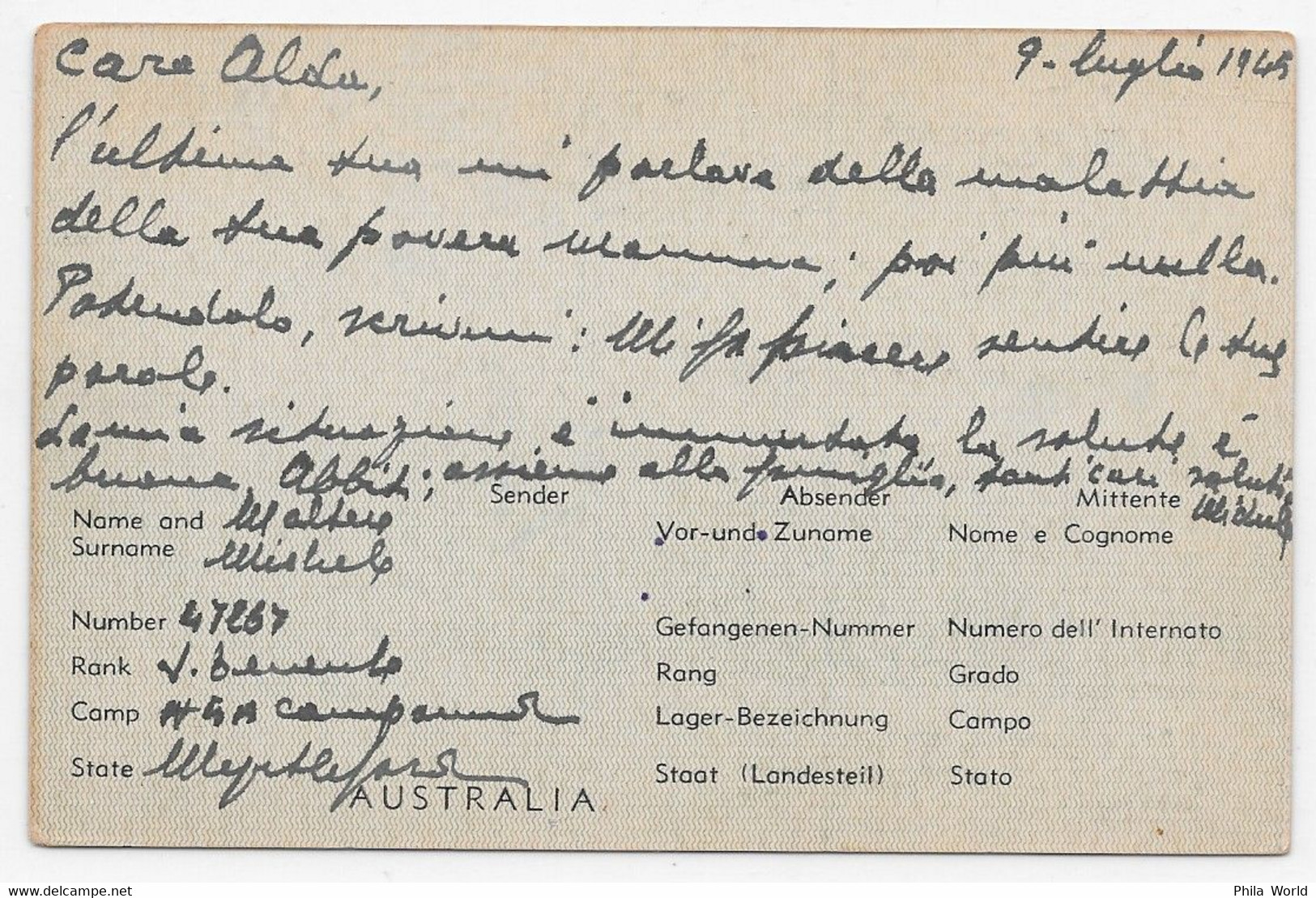WW2 AUSTRALIA 1945 Airmail Service Italian POW Prisoners Of War Post Card W. Air Mail Fee - MYRTLEFORD Camp In VICTORIA - Entiers Postaux