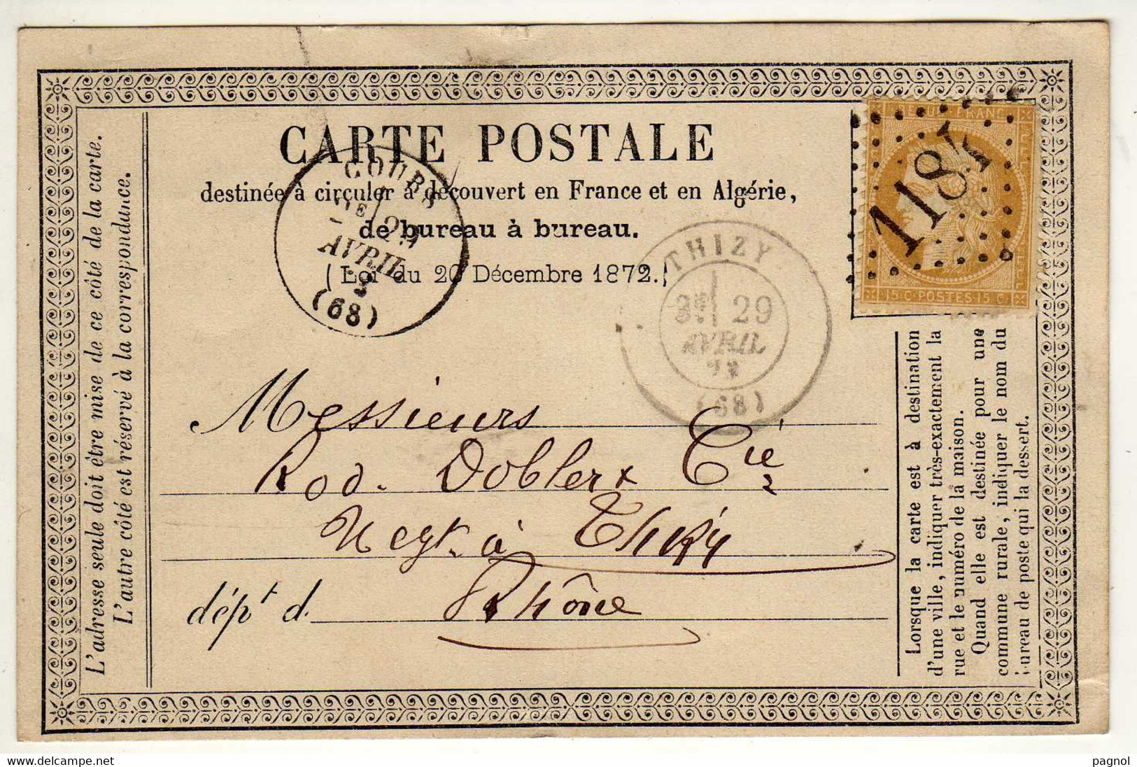 Carte Précurseurs : Timbre Type Cérès : Cachet Thizy Et Cours - 1849-1876: Klassieke Periode