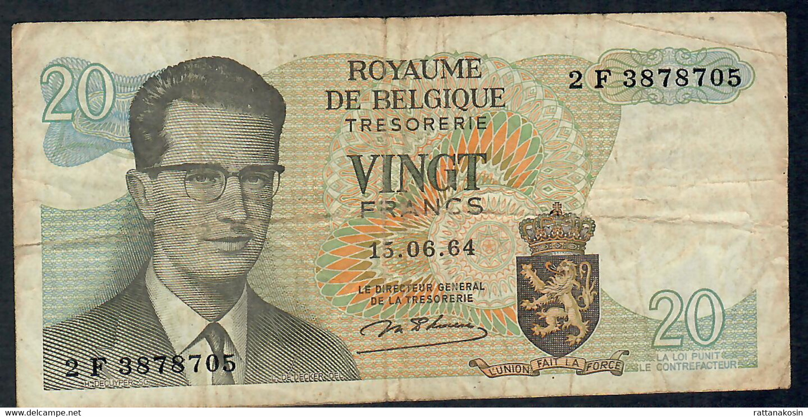 BELGIUM  P132b  20  FRANCS   15.6.1964  #2F       F-VF - 20 Francs